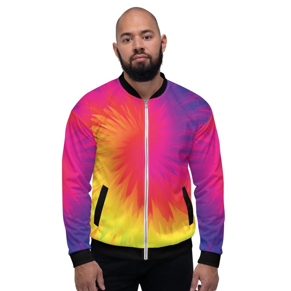 Men's bomber jacket featuring a vibrant rainbow tie dye pattern, lightweight design, and zipper closure, ideal for casual and business wear.