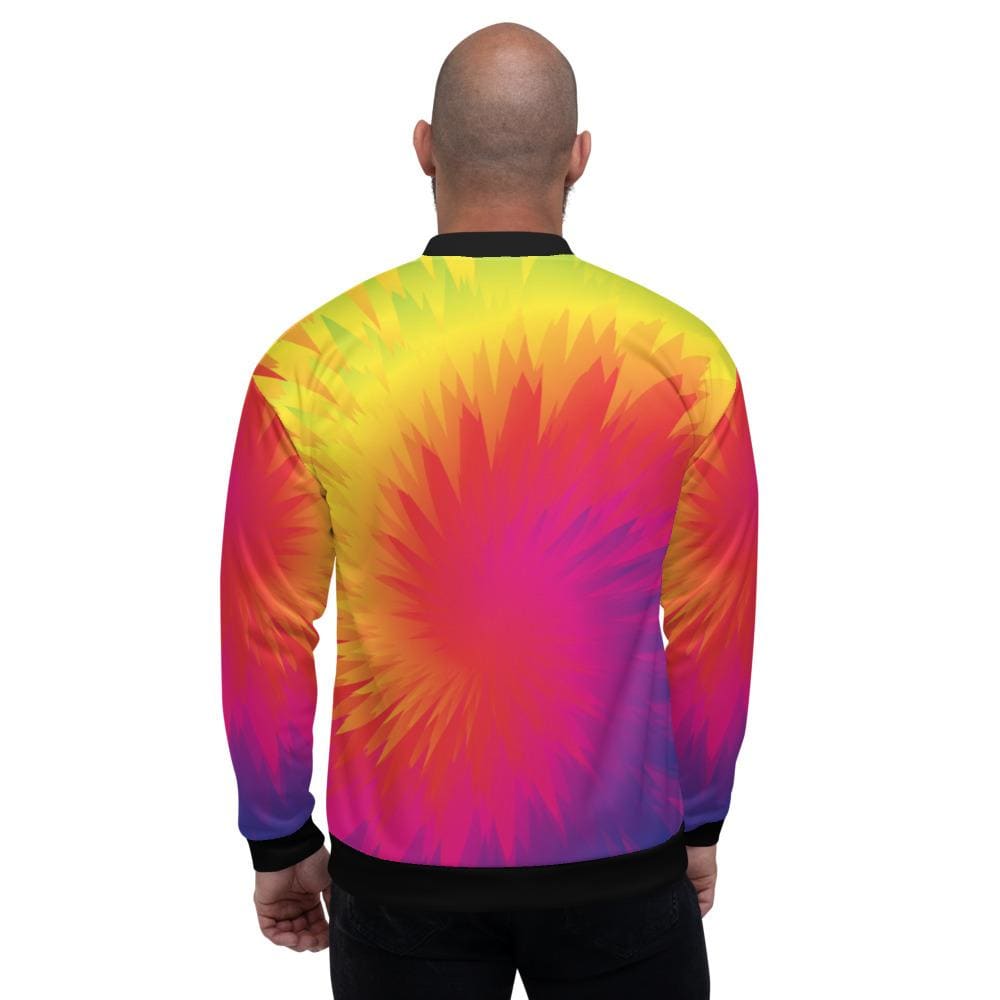 Men's bomber jacket featuring a vibrant rainbow tie dye pattern, lightweight design, and zipper closure, ideal for casual and business wear.