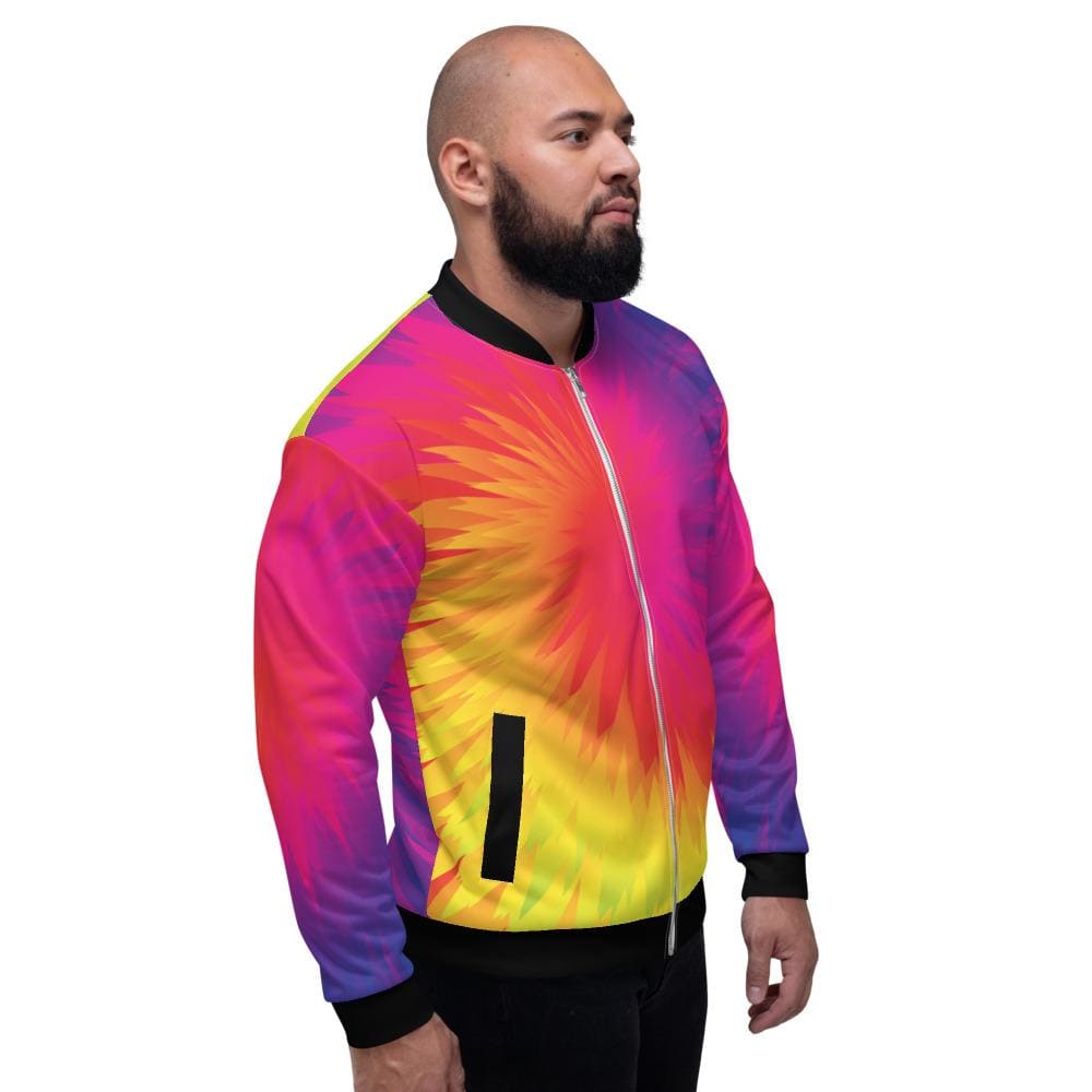 Men's bomber jacket featuring a vibrant rainbow tie dye pattern, lightweight design, and zipper closure, ideal for casual and business wear.