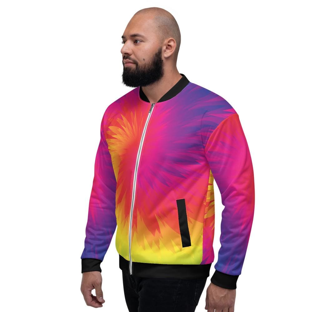 Men's bomber jacket featuring a vibrant rainbow tie dye pattern, lightweight design, and zipper closure, ideal for casual and business wear.