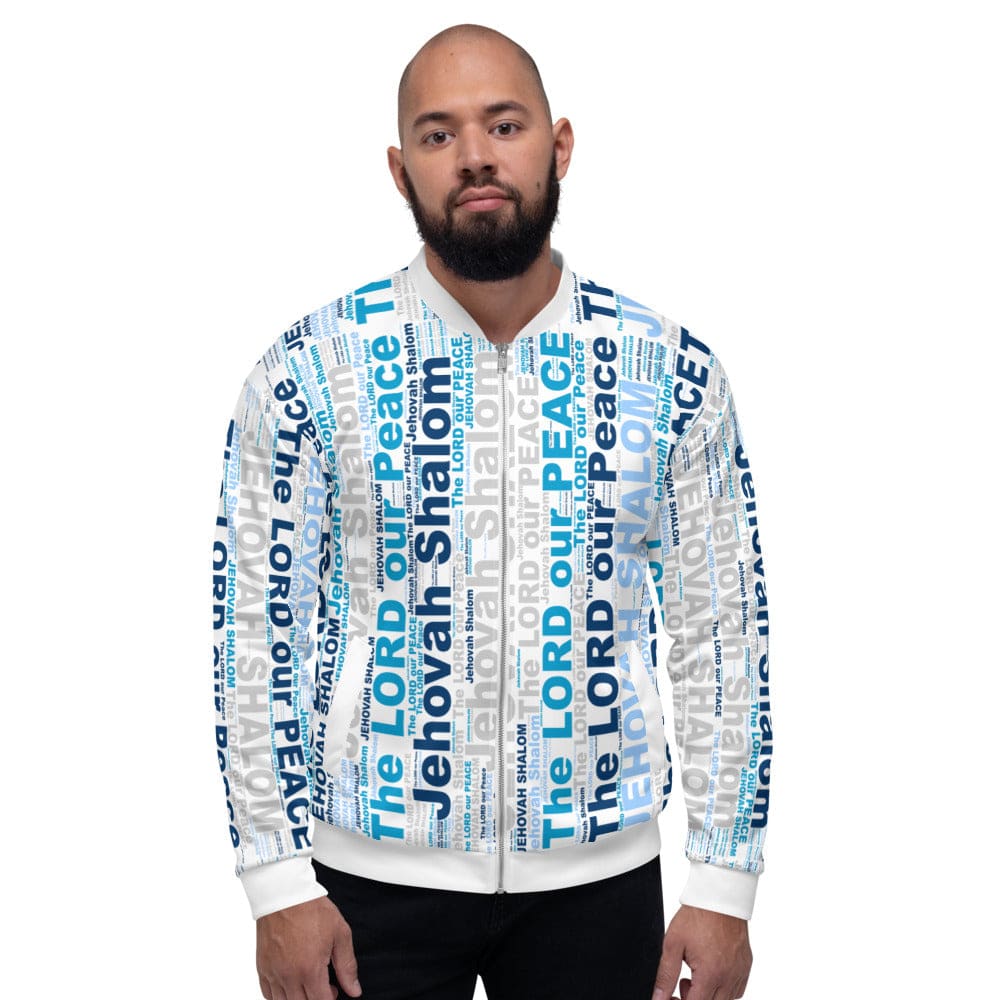 Vibrant blue Jehovah Shalom Bomber Jacket with brushed fleece lining and silver YKK zipper, featuring a relaxed unisex fit.