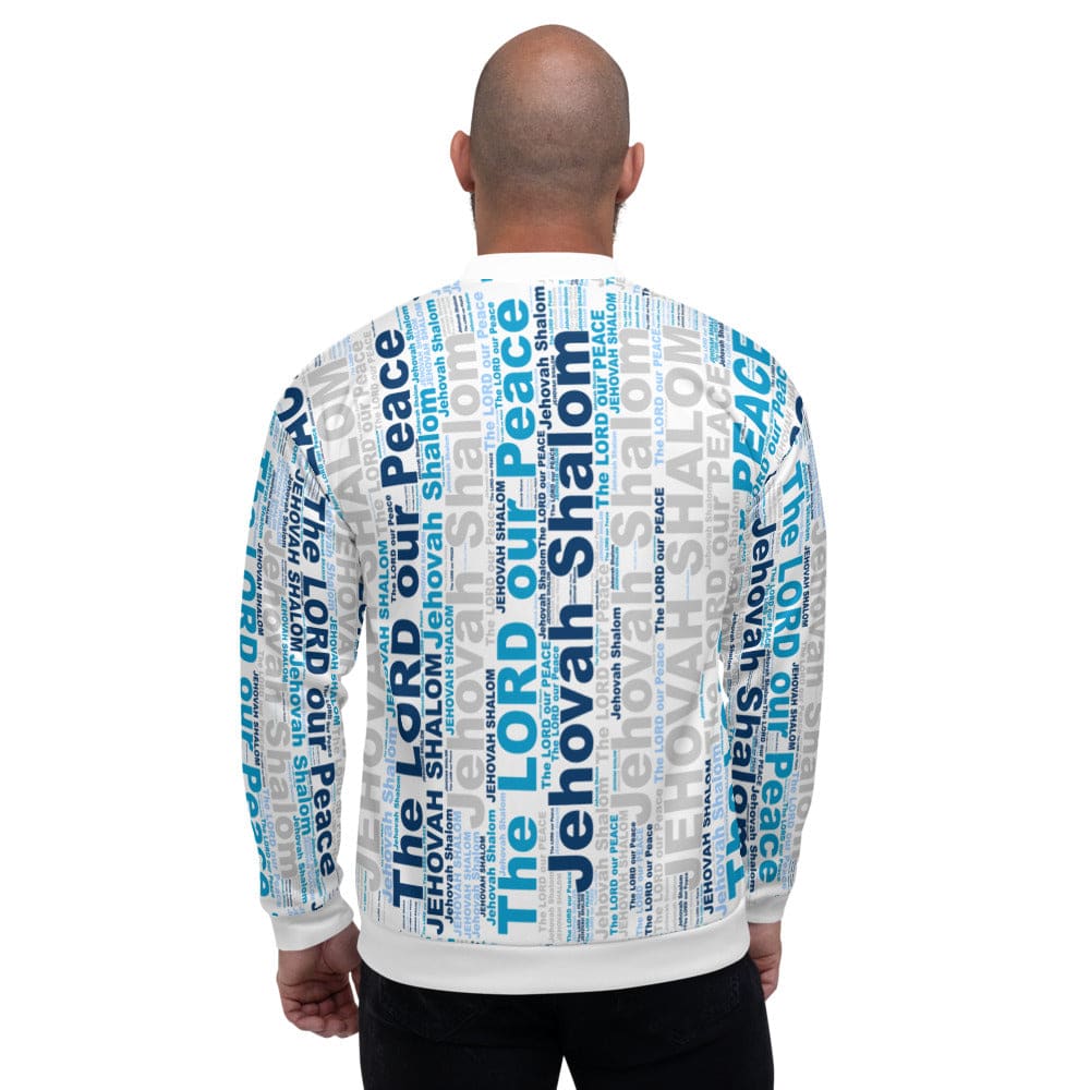 Vibrant blue Jehovah Shalom Bomber Jacket with brushed fleece lining and silver YKK zipper, featuring a relaxed unisex fit.