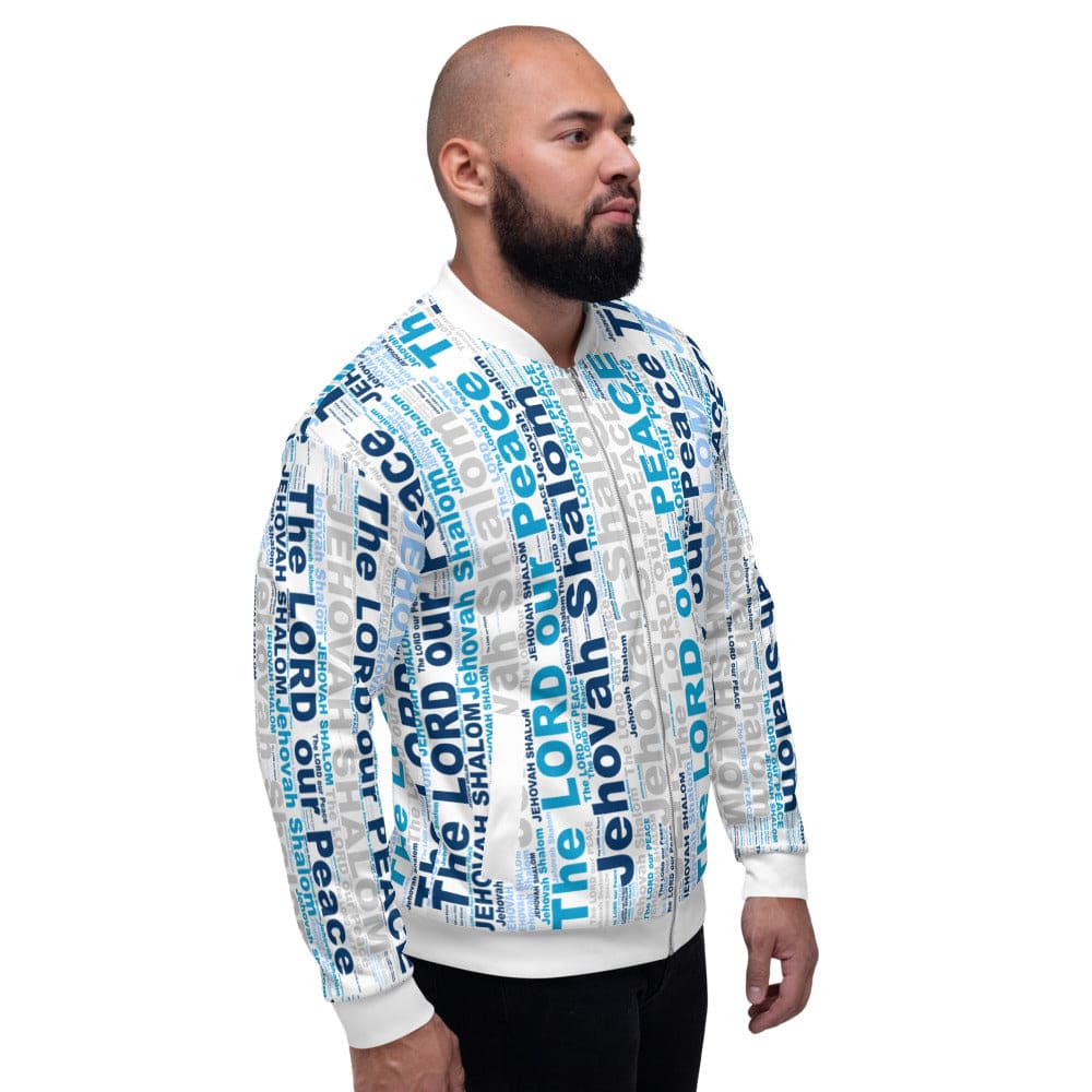 Vibrant blue Jehovah Shalom Bomber Jacket with brushed fleece lining and silver YKK zipper, featuring a relaxed unisex fit.