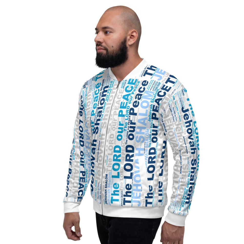 Vibrant blue Jehovah Shalom Bomber Jacket with brushed fleece lining and silver YKK zipper, featuring a relaxed unisex fit.