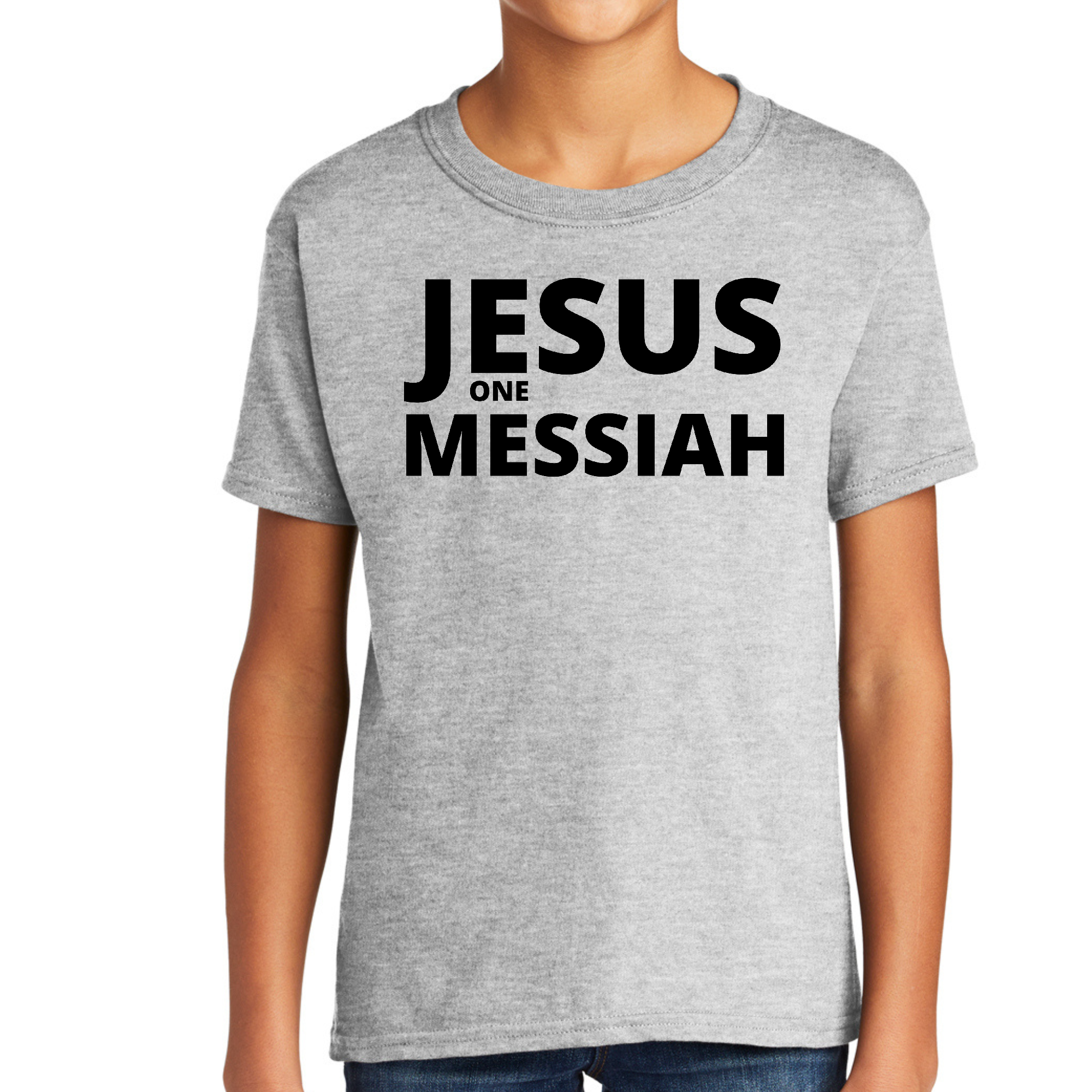 Boys Short Sleeve T-Shirt featuring Jesus One Messiah design, made from soft cotton material, suitable for youth.
