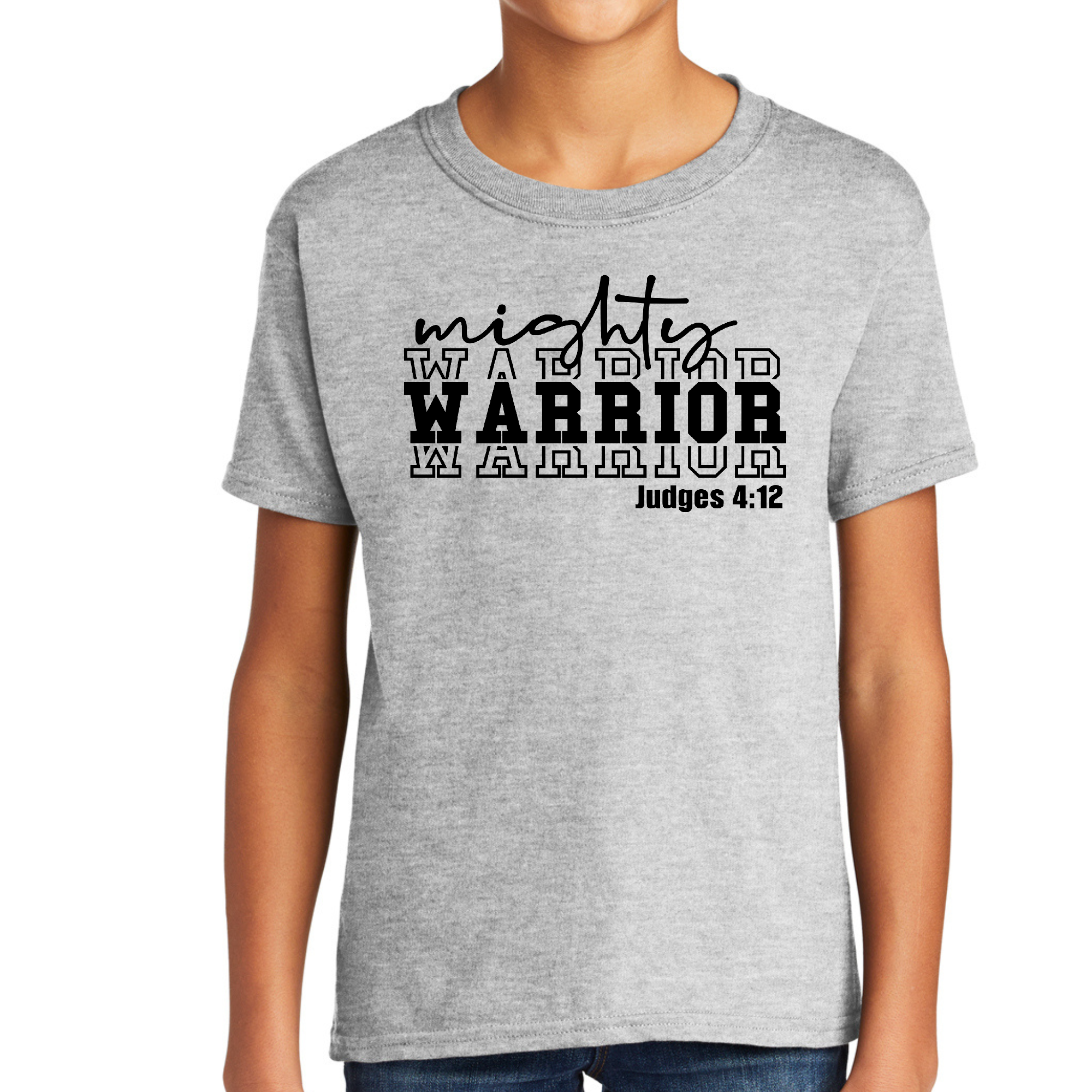 Boys Short Sleeve T-Shirt featuring Mighty Warrior design, made of soft cotton with double-stitched seams, perfect for young warriors.
