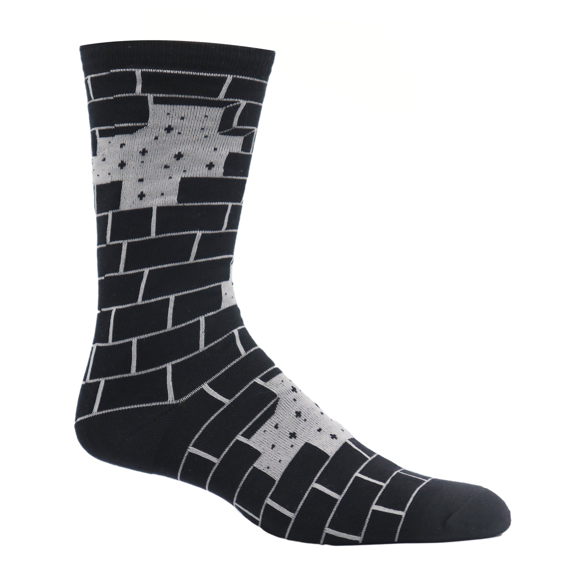 Black and gray crew socks featuring a unique brick wall pattern, perfect for skaters and casual wear.