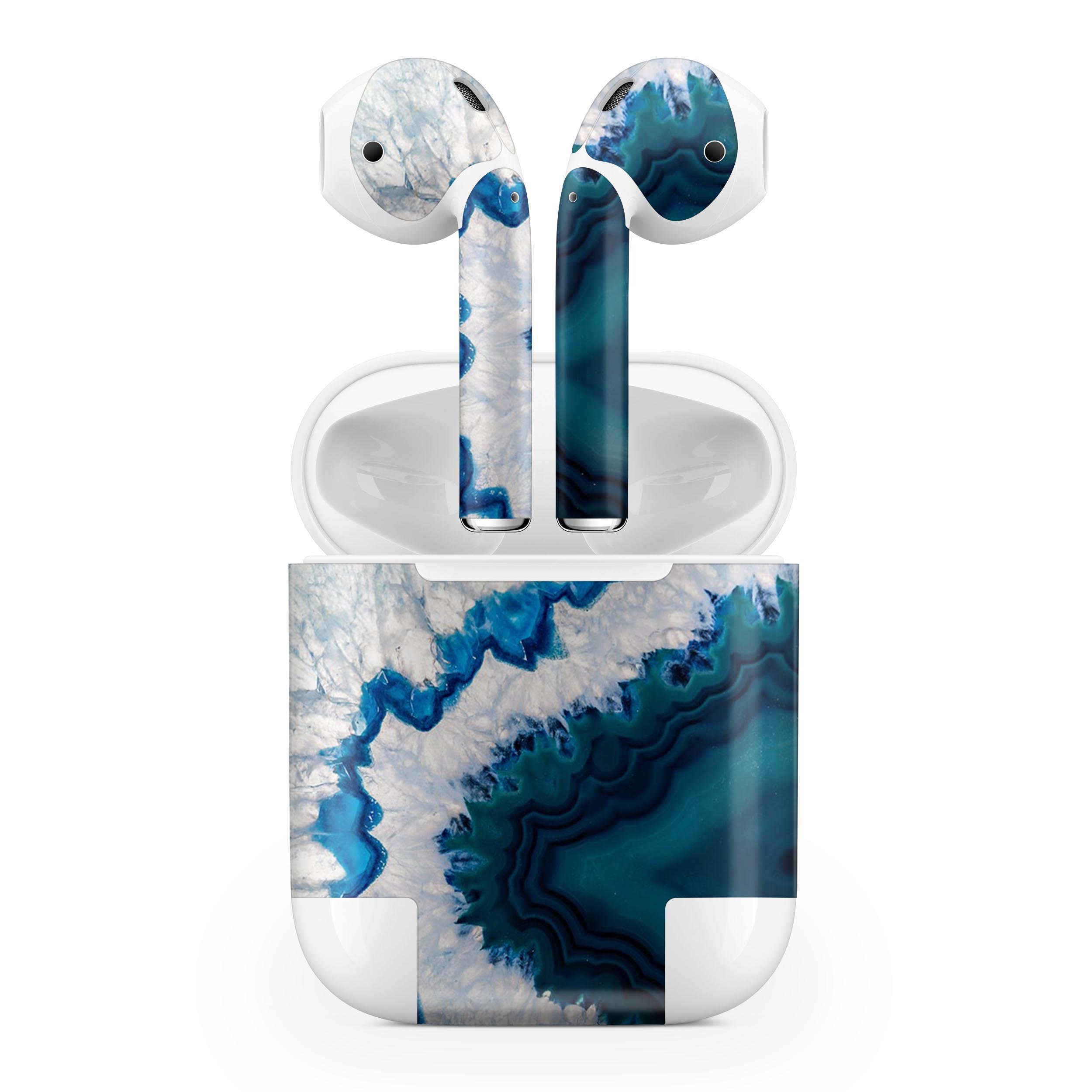 Bright Blue Agate Slice skin decal wrap kit for Apple AirPods, showcasing vibrant blue hues and intricate patterns.