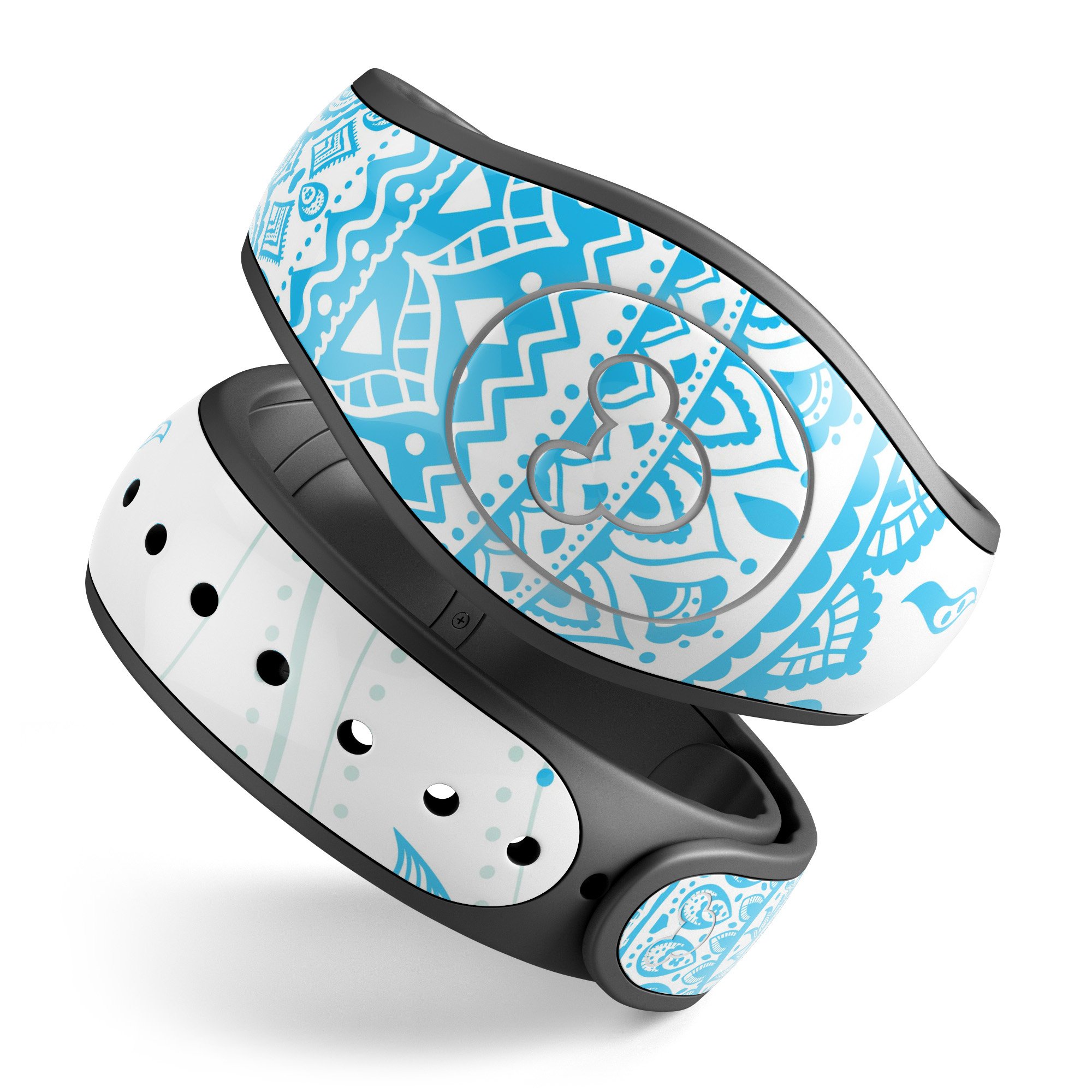 Bright Blue Circle Mandala decal skin wrap kit designed for Disney Magic Band, showcasing vibrant colors and intricate mandala patterns.