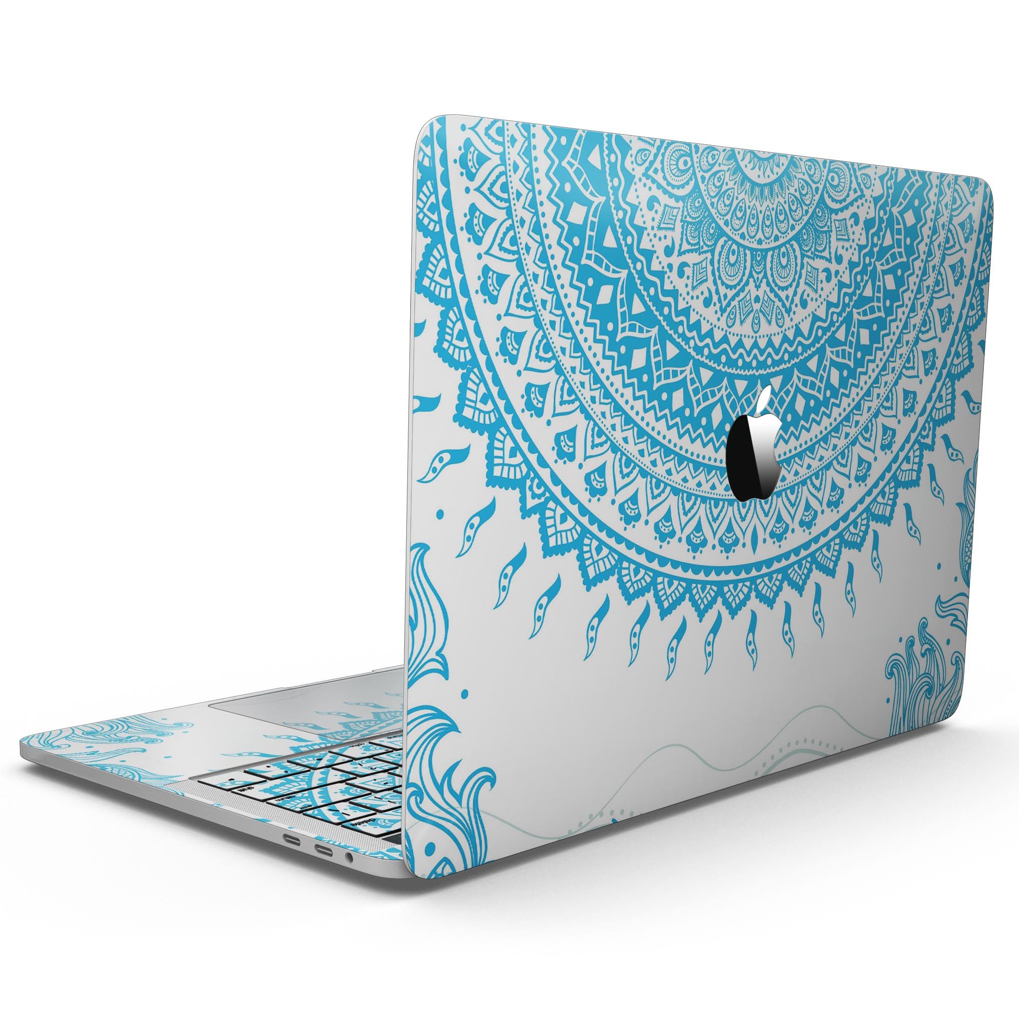 Bright Blue Circle Mandala skin for MacBook Pro with Touch Bar, showcasing vibrant colors and intricate design.