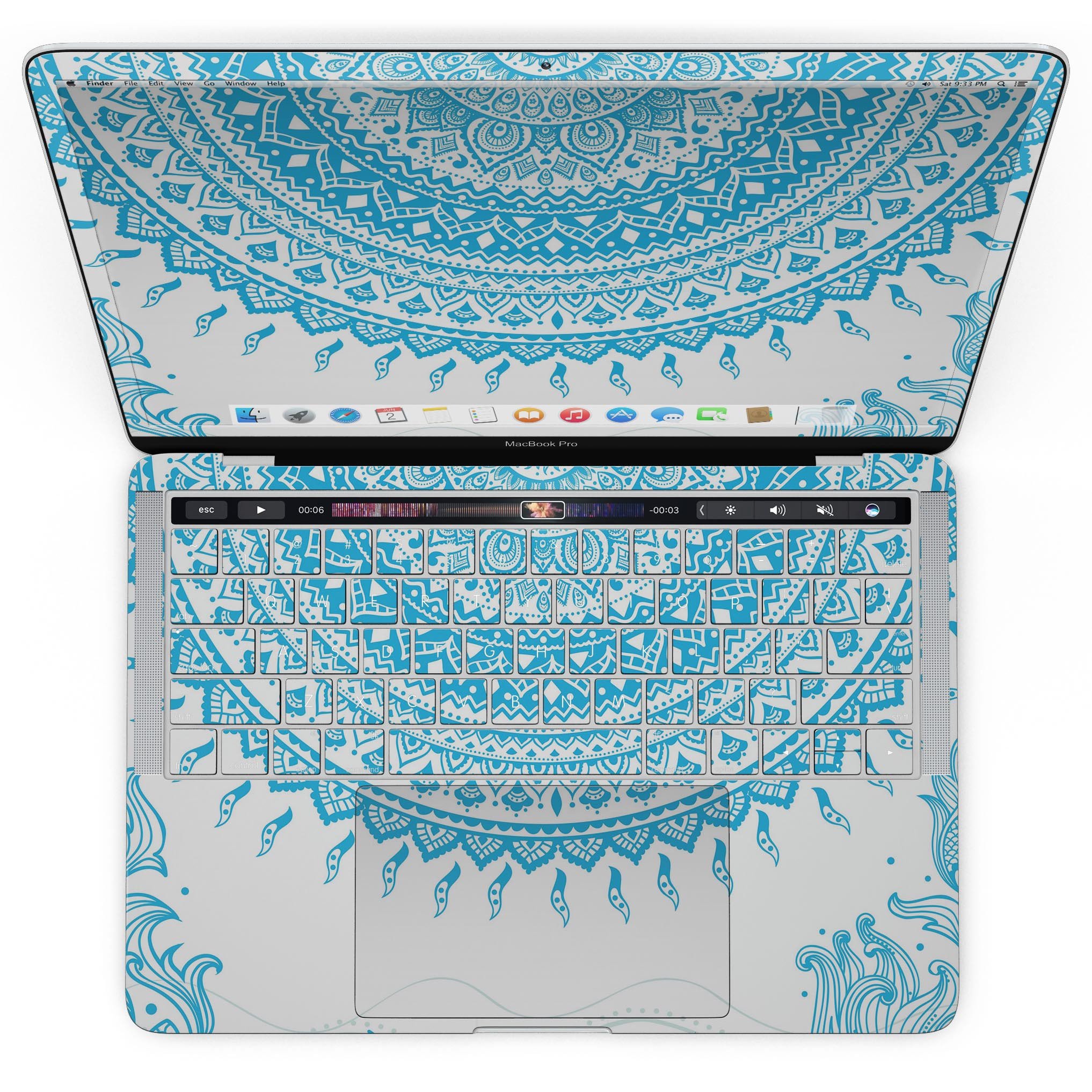 Bright Blue Circle Mandala skin for MacBook Pro with Touch Bar, showcasing vibrant colors and intricate design.