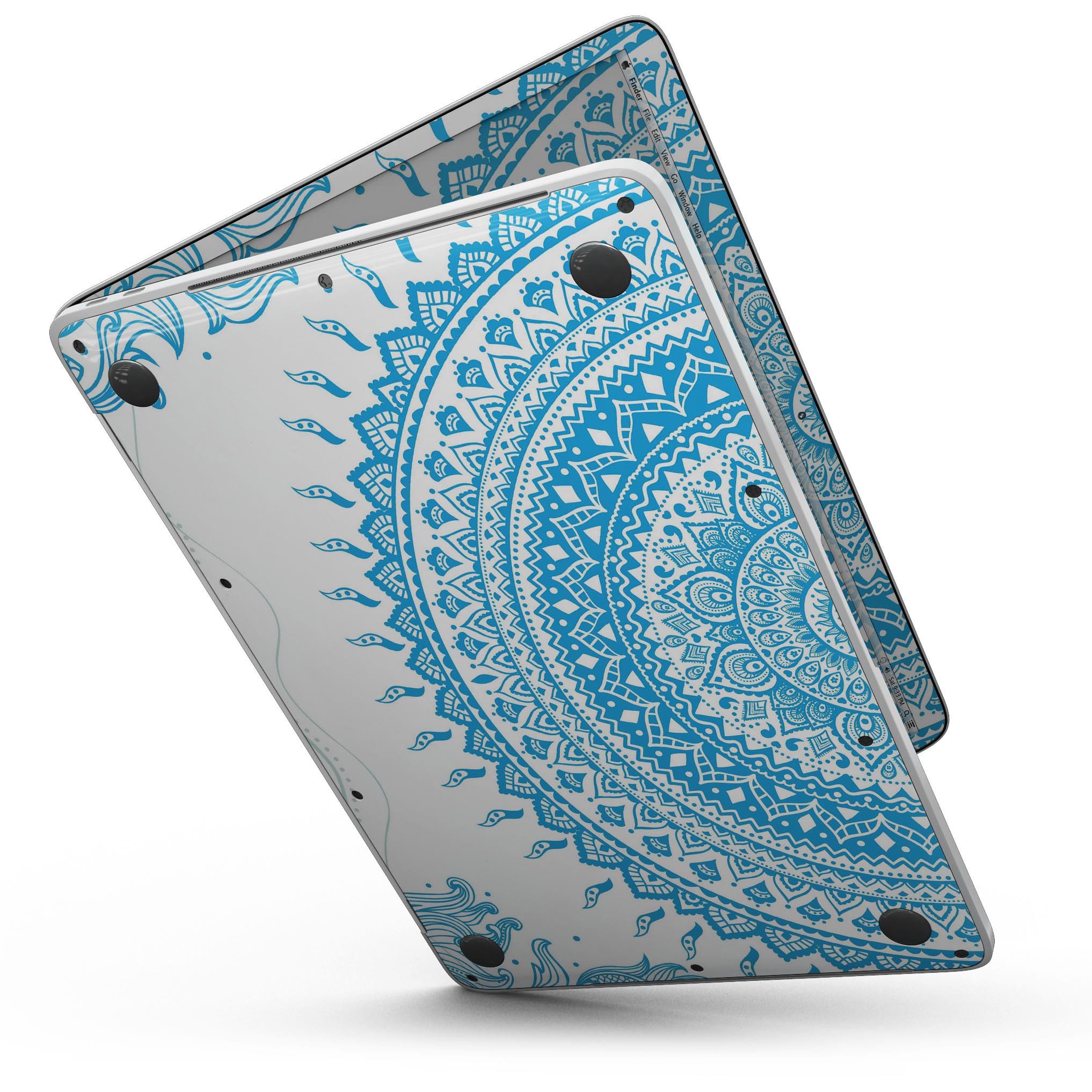 Bright Blue Circle Mandala skin for MacBook Pro with Touch Bar, showcasing vibrant colors and intricate design.