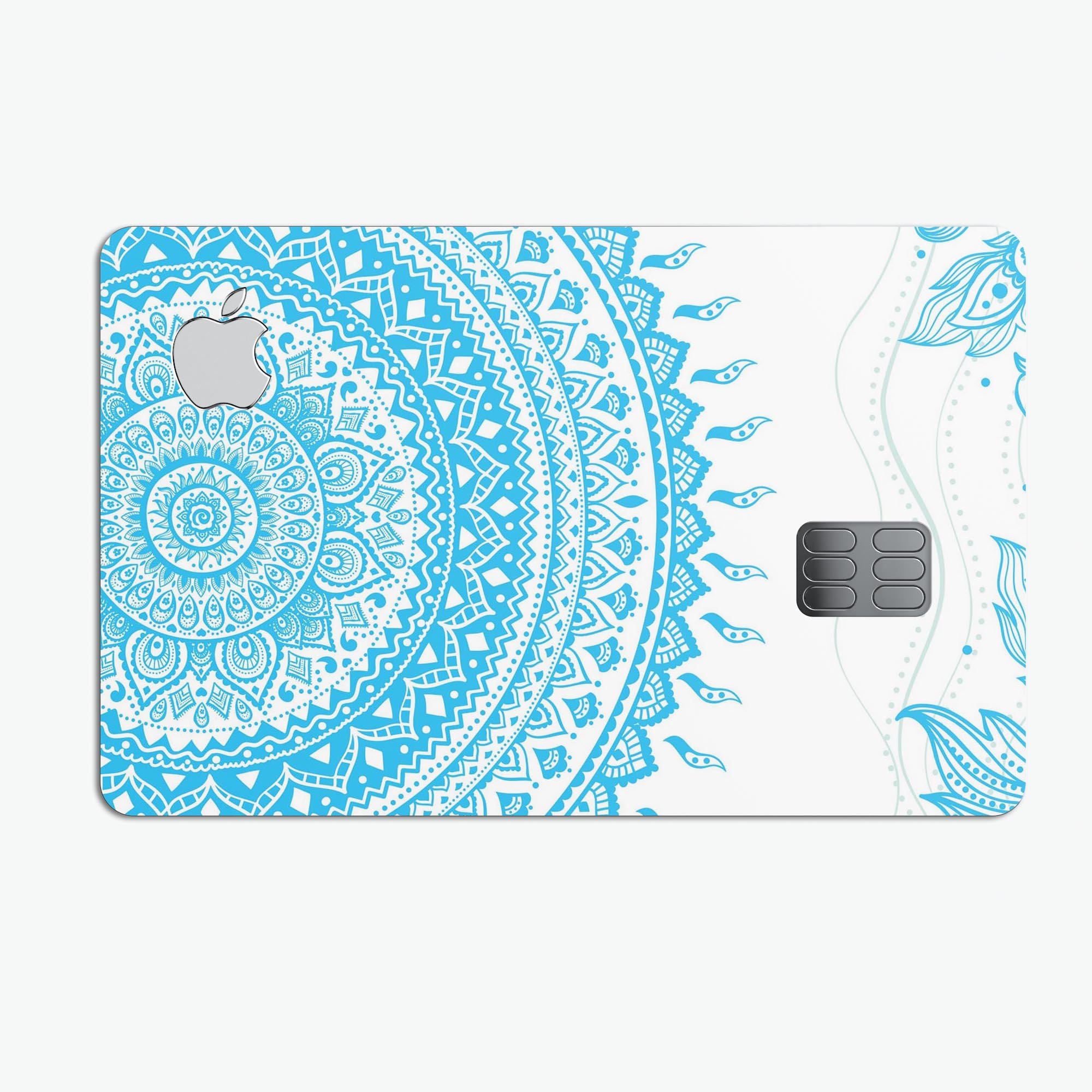 Bright Blue Circle Mandala v3 decal skin for Apple Card, showcasing vibrant colors and intricate mandala design.