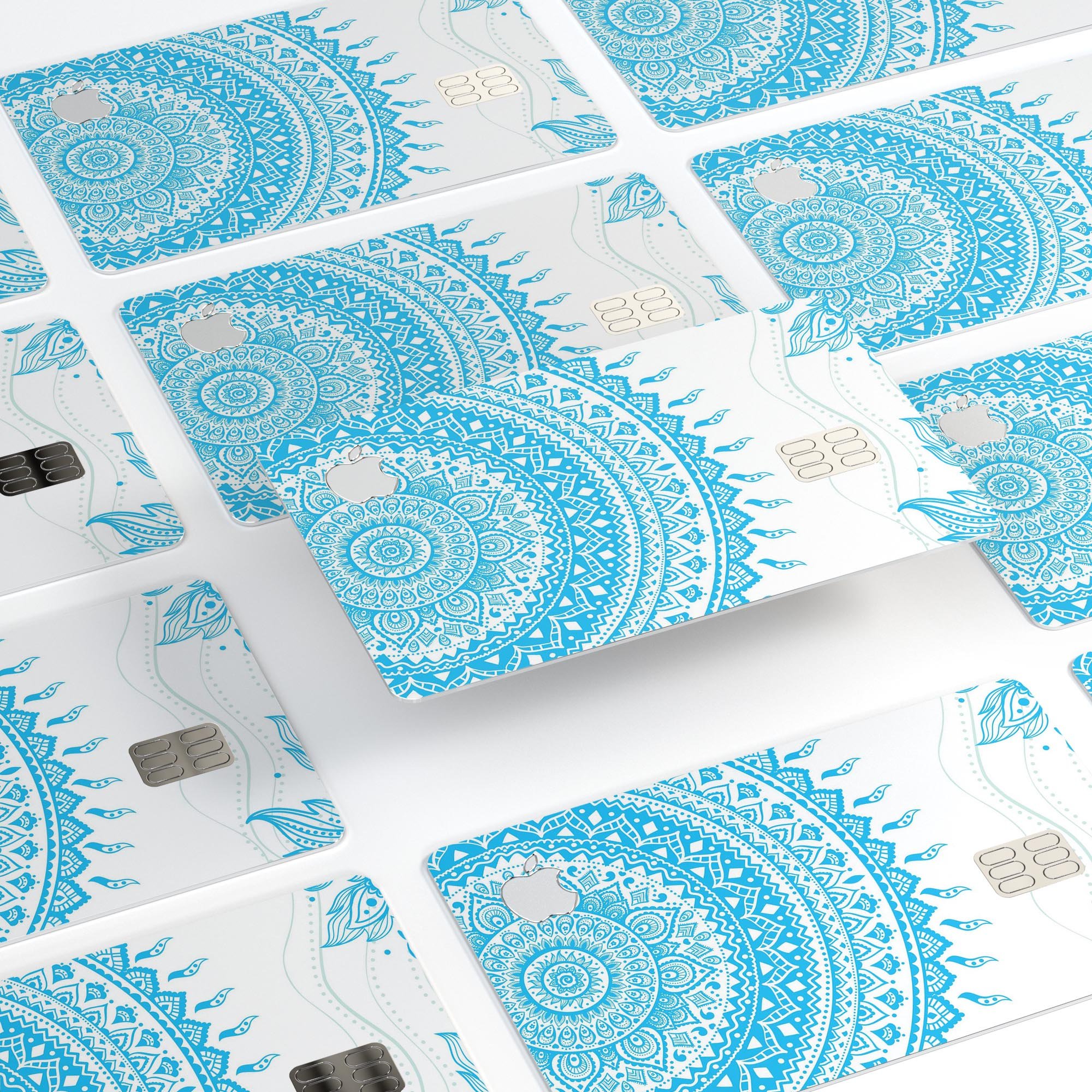 Bright Blue Circle Mandala v3 decal skin for Apple Card, showcasing vibrant colors and intricate mandala design.