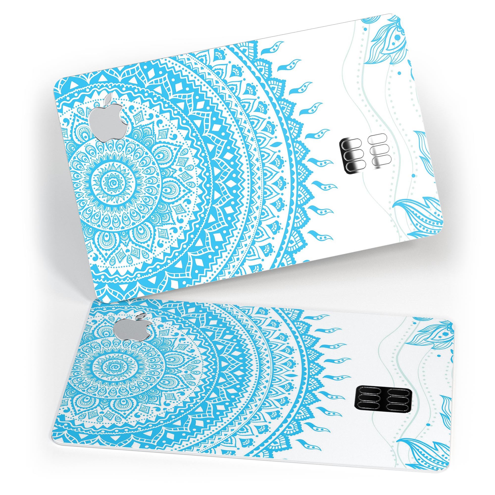 Bright Blue Circle Mandala v3 decal skin for Apple Card, showcasing vibrant colors and intricate mandala design.