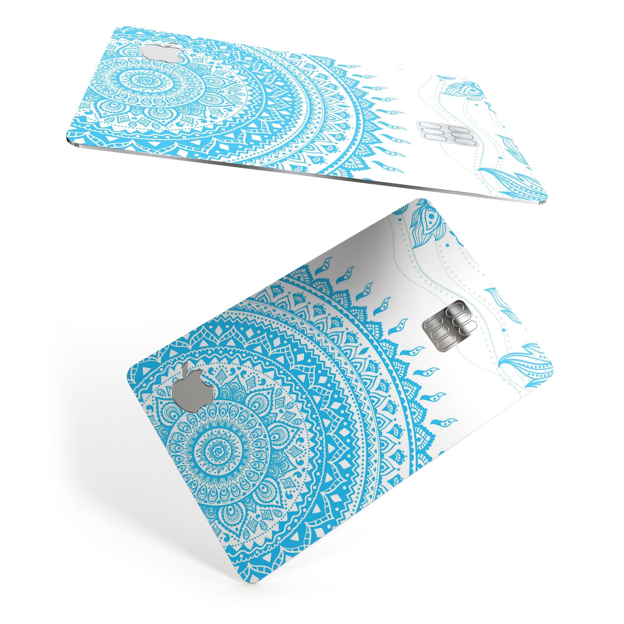 Bright Blue Circle Mandala v3 decal skin for Apple Card, showcasing vibrant colors and intricate mandala design.