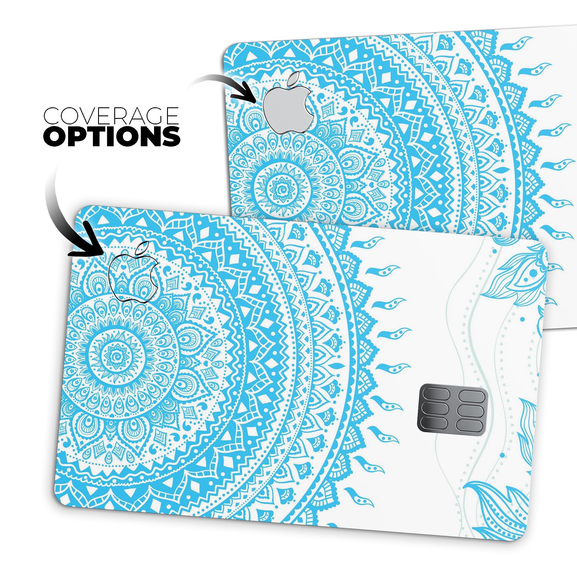 Bright Blue Circle Mandala v3 decal skin for Apple Card, showcasing vibrant colors and intricate mandala design.