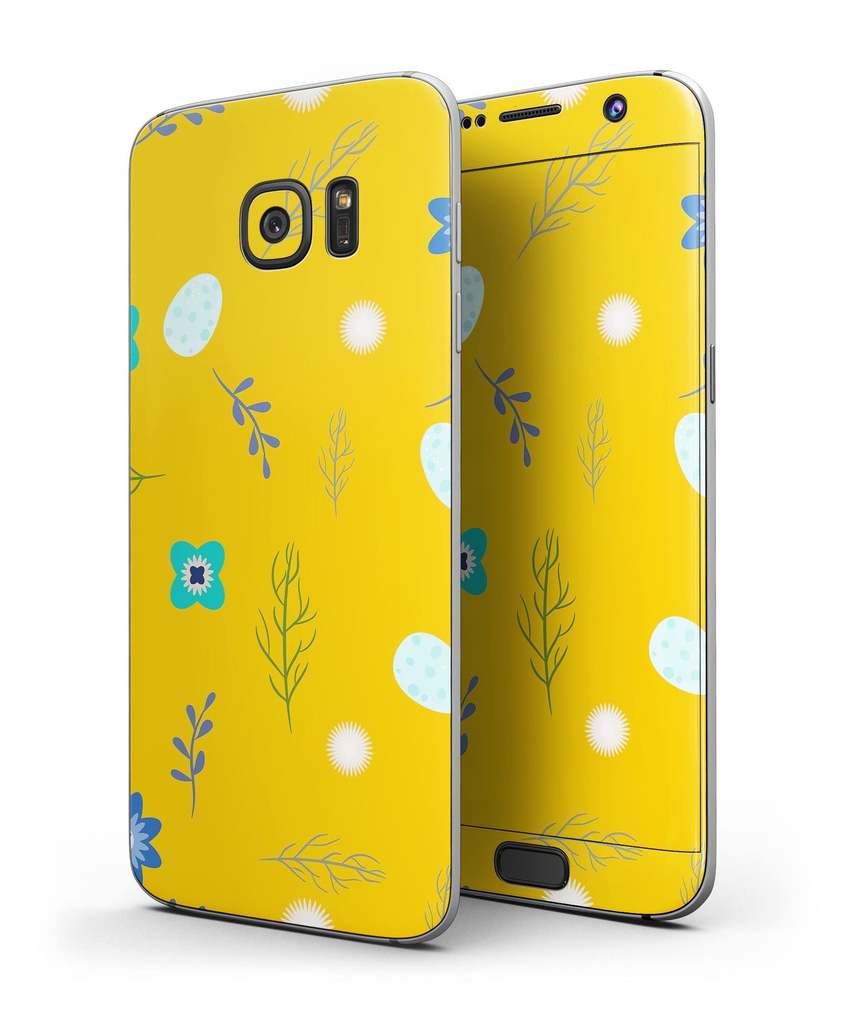 Bright Blue Flowers and Egg Pattern skin kit for Samsung Galaxy S7/S7 Edge, showcasing vibrant floral design on premium vinyl.