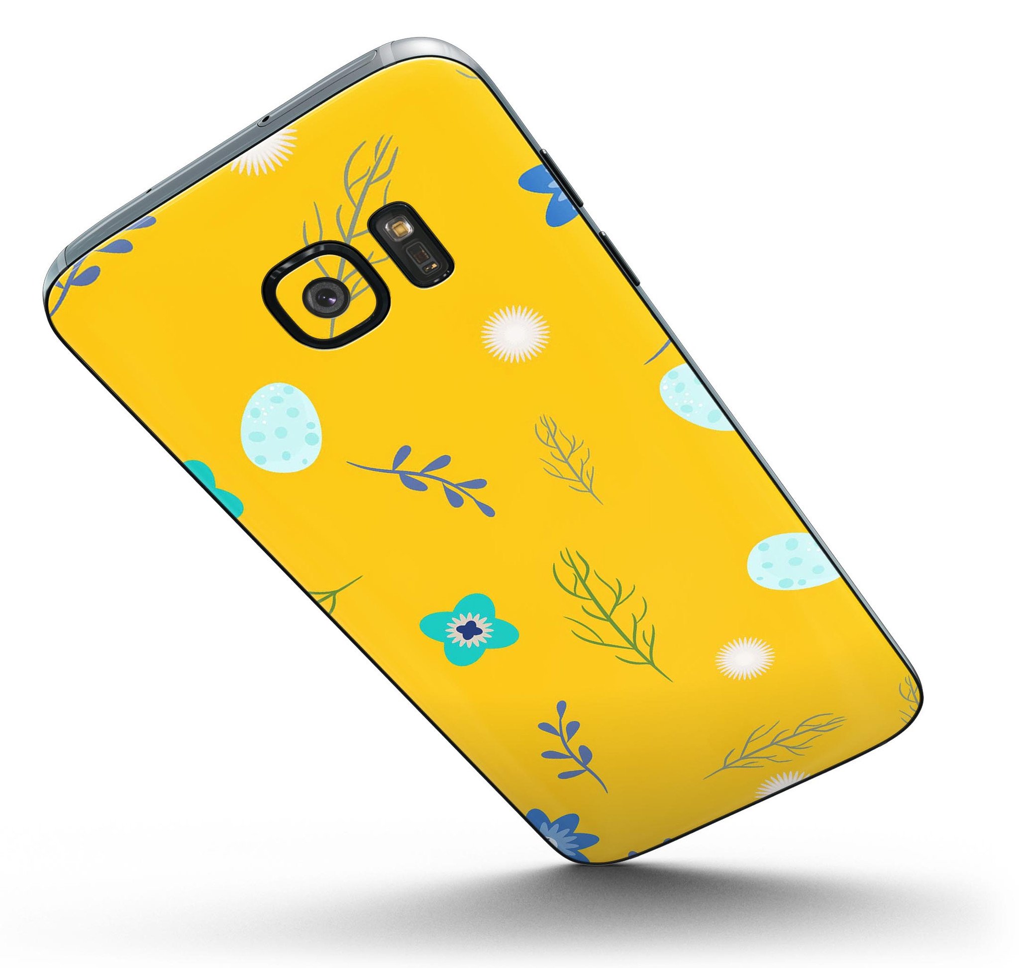 Bright Blue Flowers and Egg Pattern skin kit for Samsung Galaxy S7/S7 Edge, showcasing vibrant floral design on premium vinyl.
