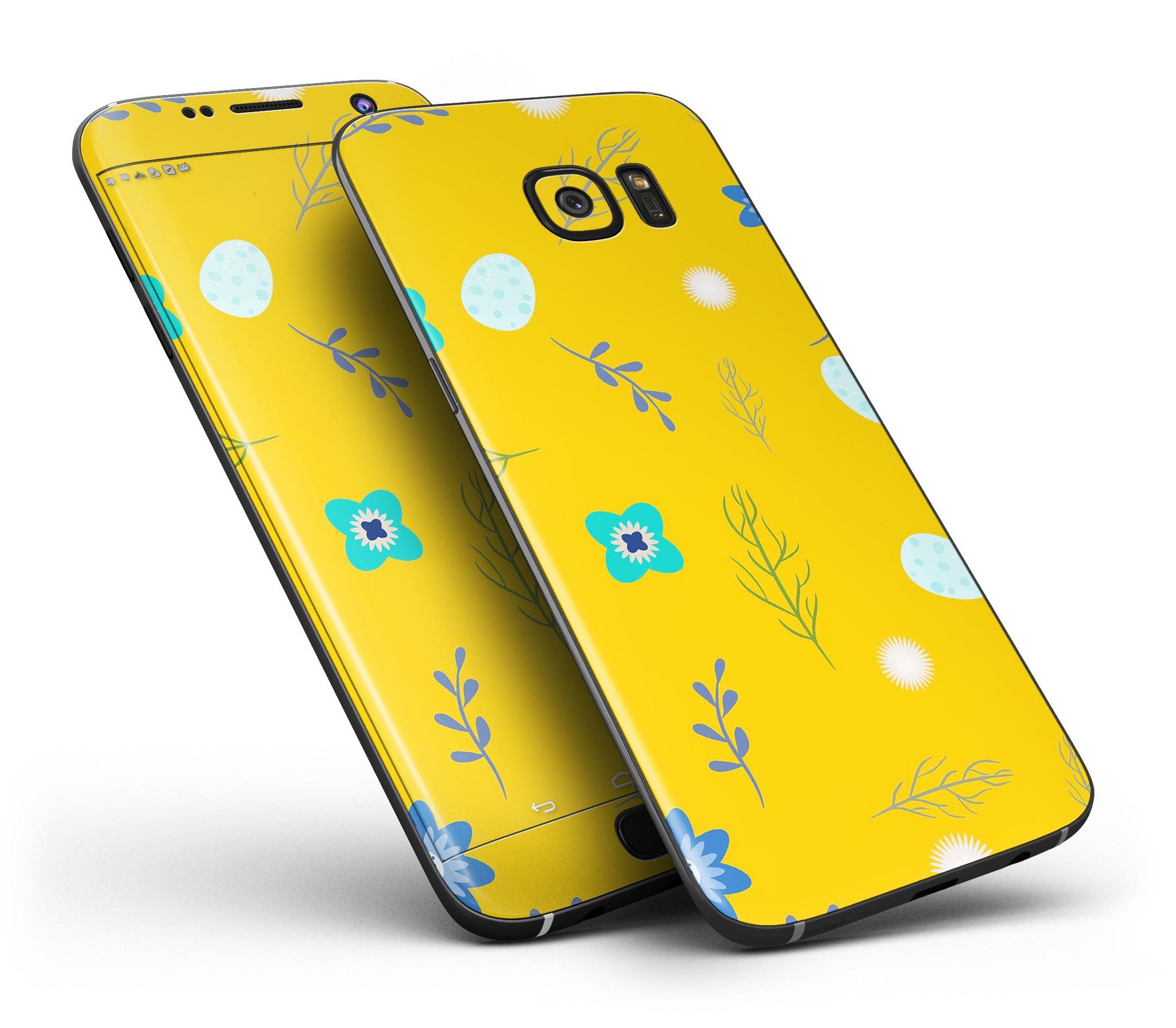 Bright Blue Flowers and Egg Pattern skin kit for Samsung Galaxy S7/S7 Edge, showcasing vibrant floral design on premium vinyl.
