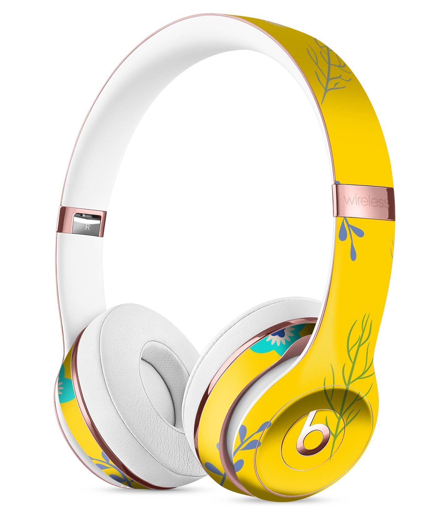 Bright blue flowers and egg pattern skin kit for Beats by Dre Solo 3 Wireless Headphones, showcasing vibrant colors and intricate design.