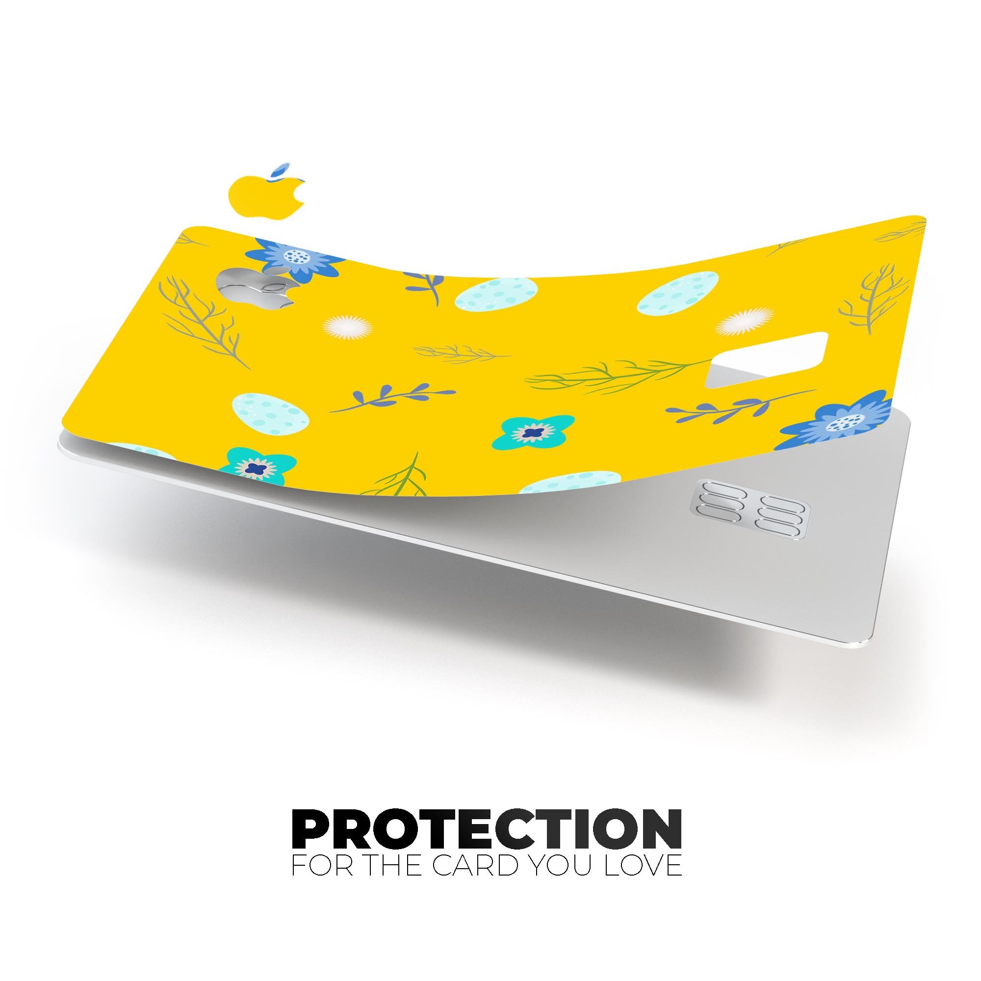 Bright Blue Flowers and Egg Pattern decal for Apple Card, showcasing vibrant colors and a stylish design for protection.