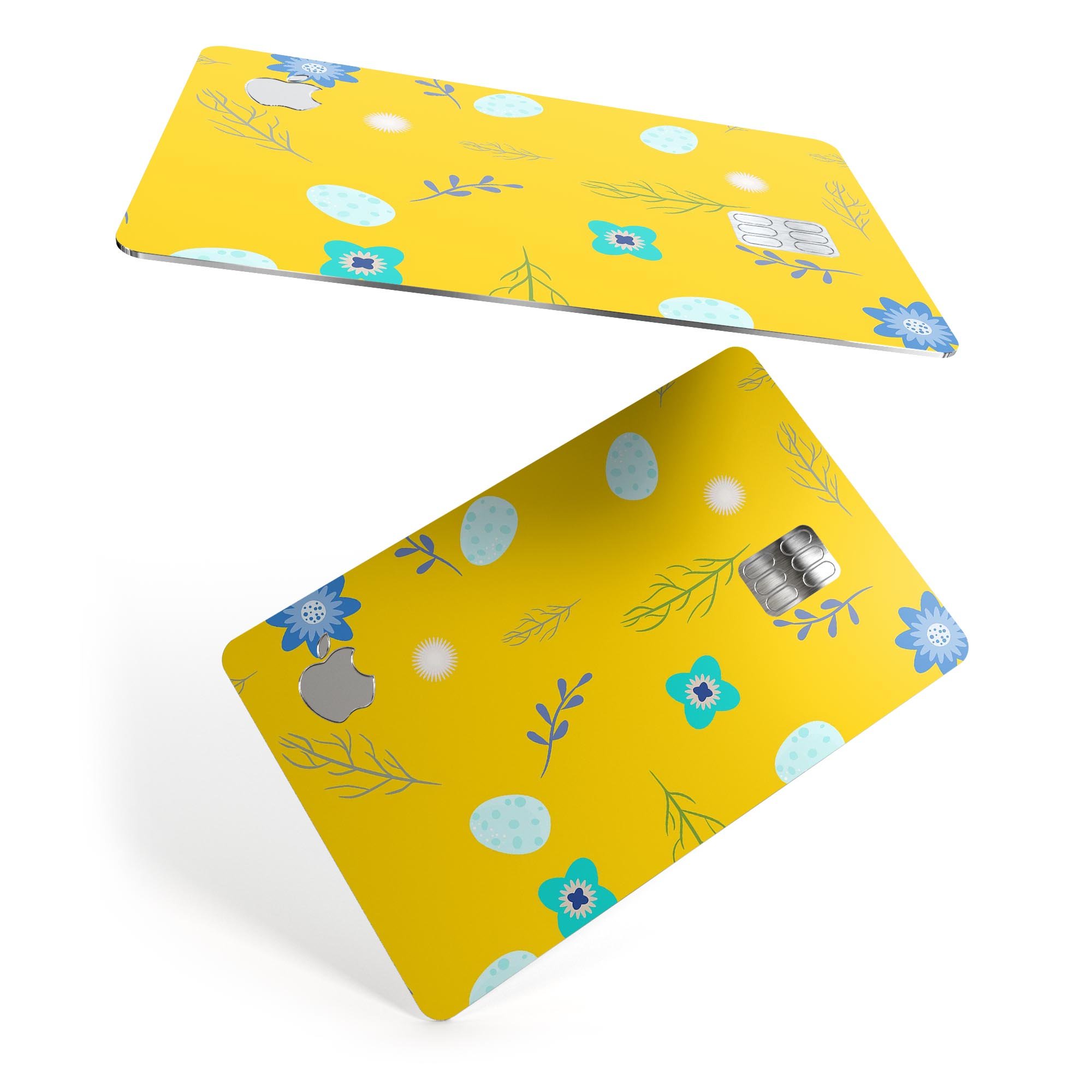 Bright Blue Flowers and Egg Pattern decal for Apple Card, showcasing vibrant colors and a stylish design for protection.