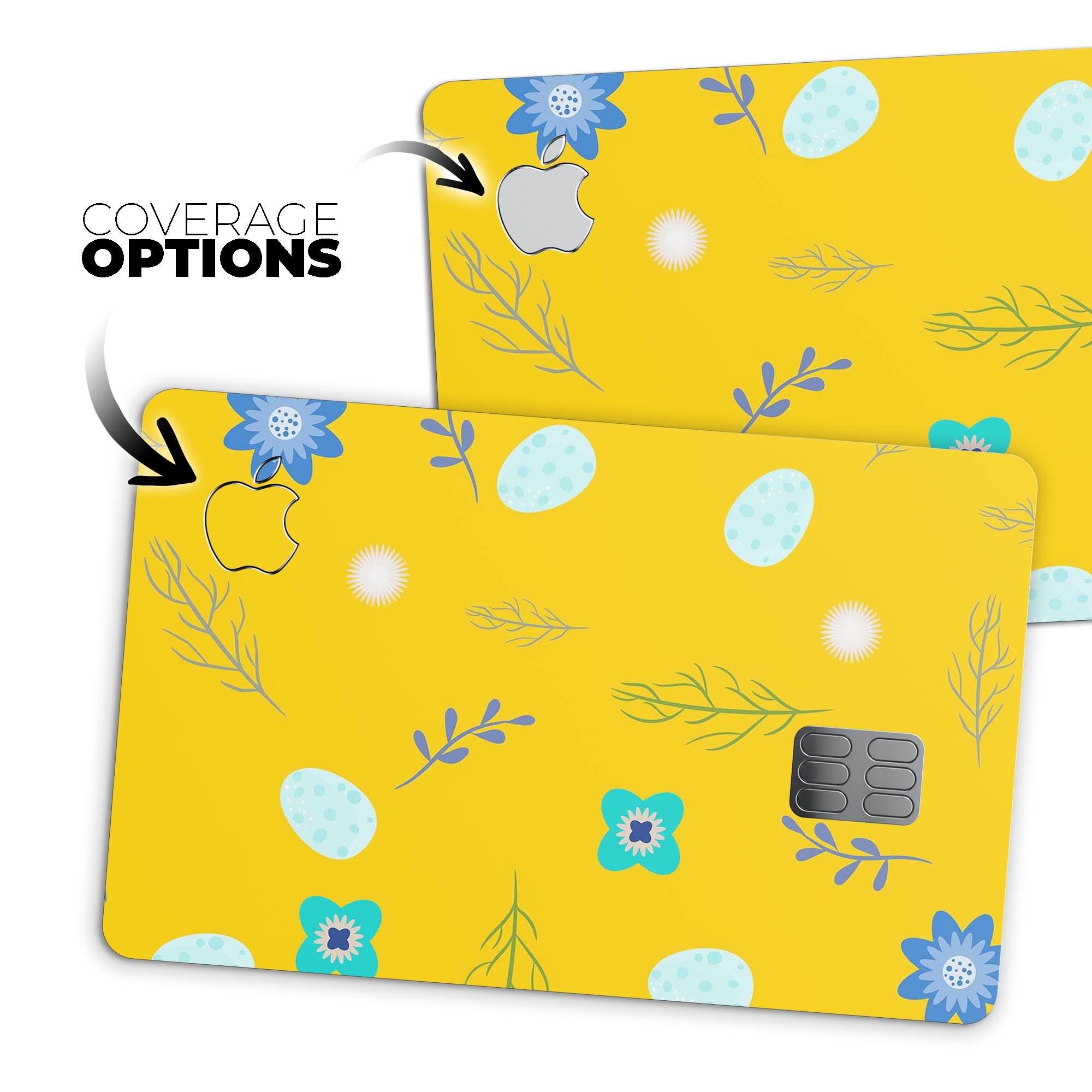 Bright Blue Flowers and Egg Pattern decal for Apple Card, showcasing vibrant colors and a stylish design for protection.