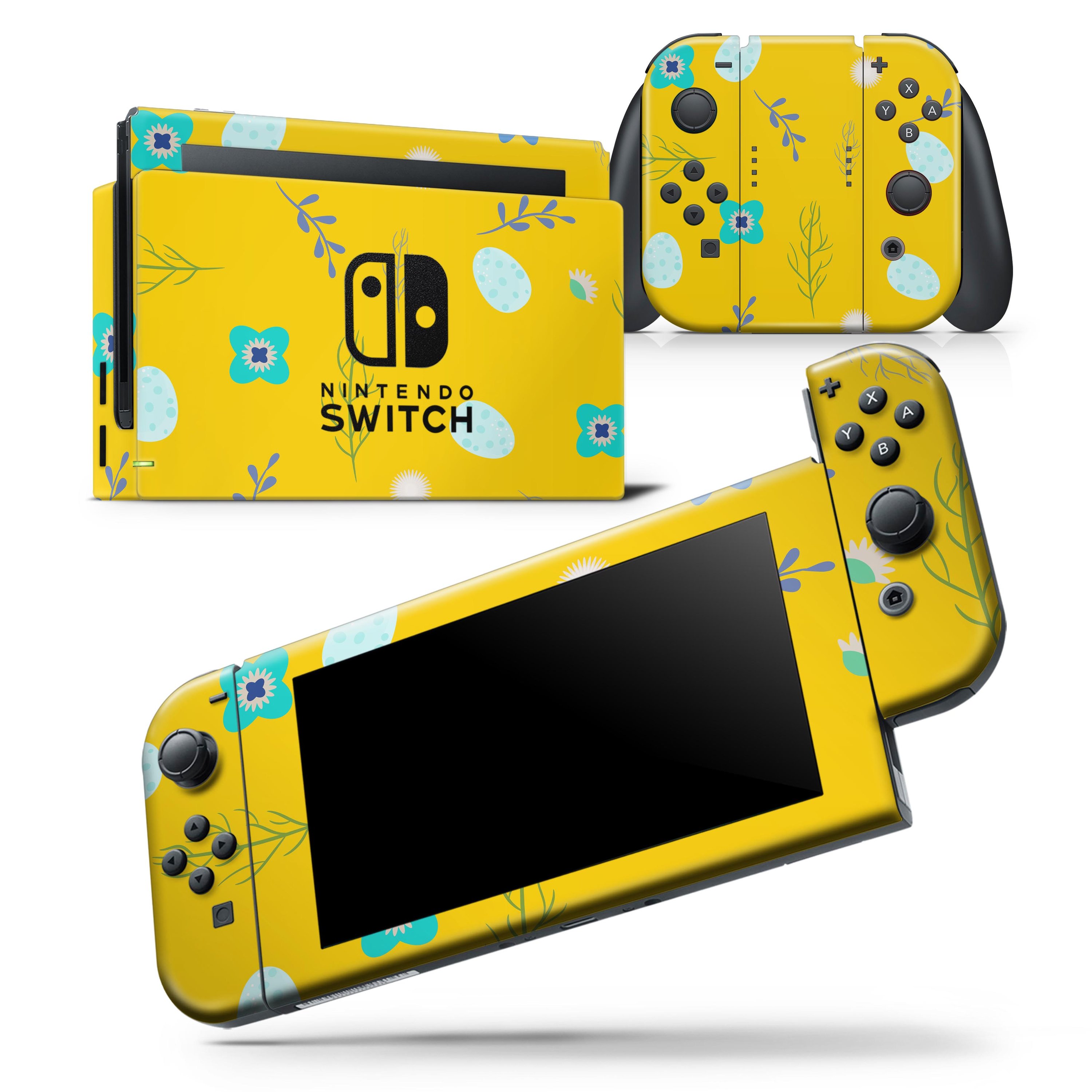 Bright Blue Flowers and Egg Pattern skin wrap decal for Nintendo Switch, showcasing vibrant floral designs and egg motifs.