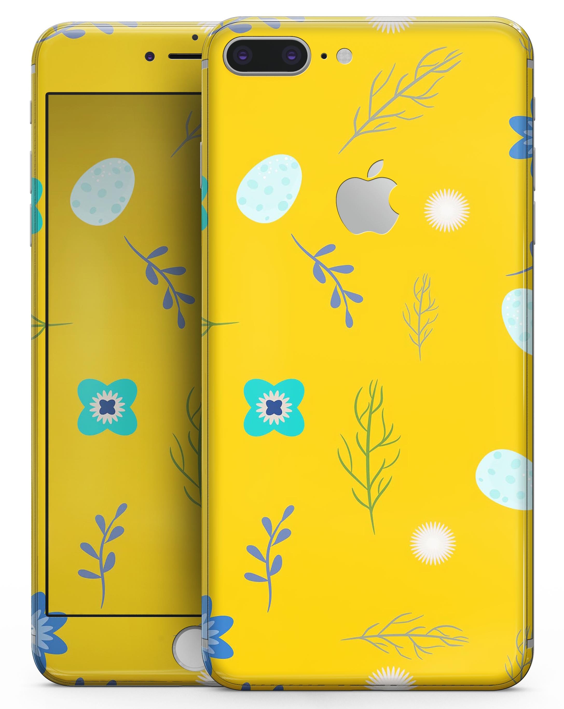 Bright Blue Flowers and Egg Pattern skin for iPhone 8 and 8 Plus, showcasing vibrant colors and intricate design.
