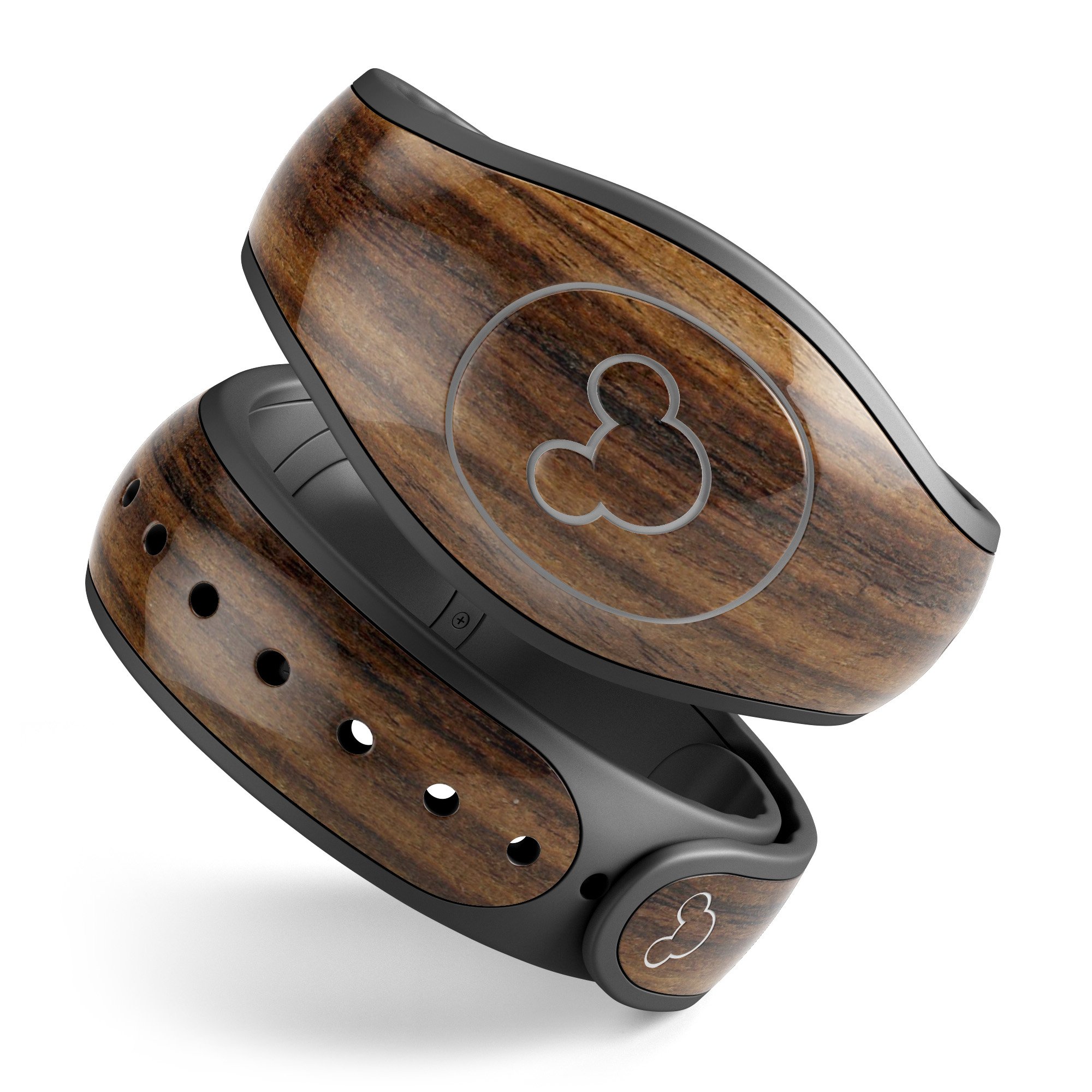 Bright Ebony Woodgrain decal skin wrap kit for Disney Magic Band, showcasing a stylish woodgrain design.