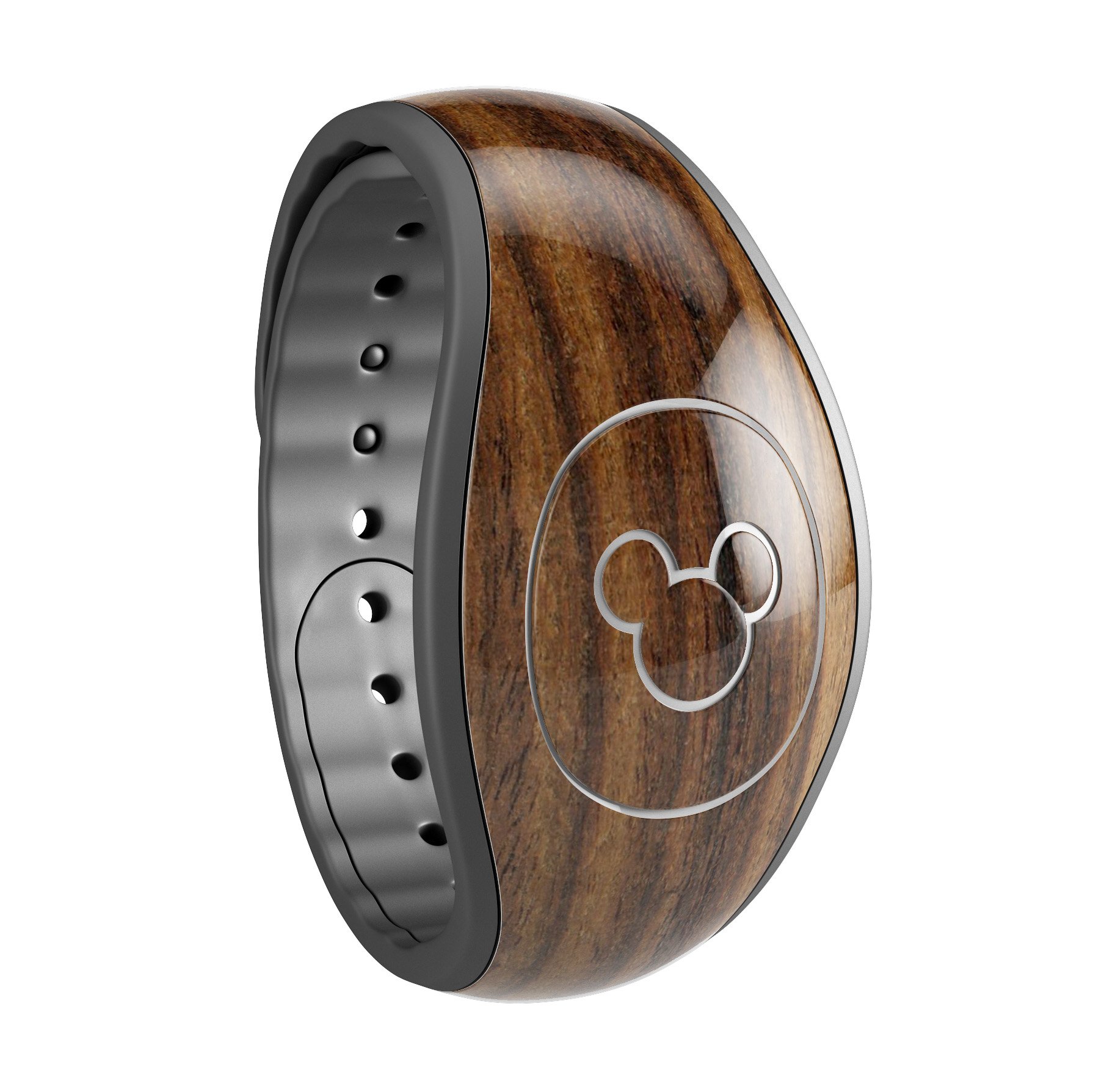 Bright Ebony Woodgrain decal skin wrap kit for Disney Magic Band, showcasing a stylish woodgrain design.