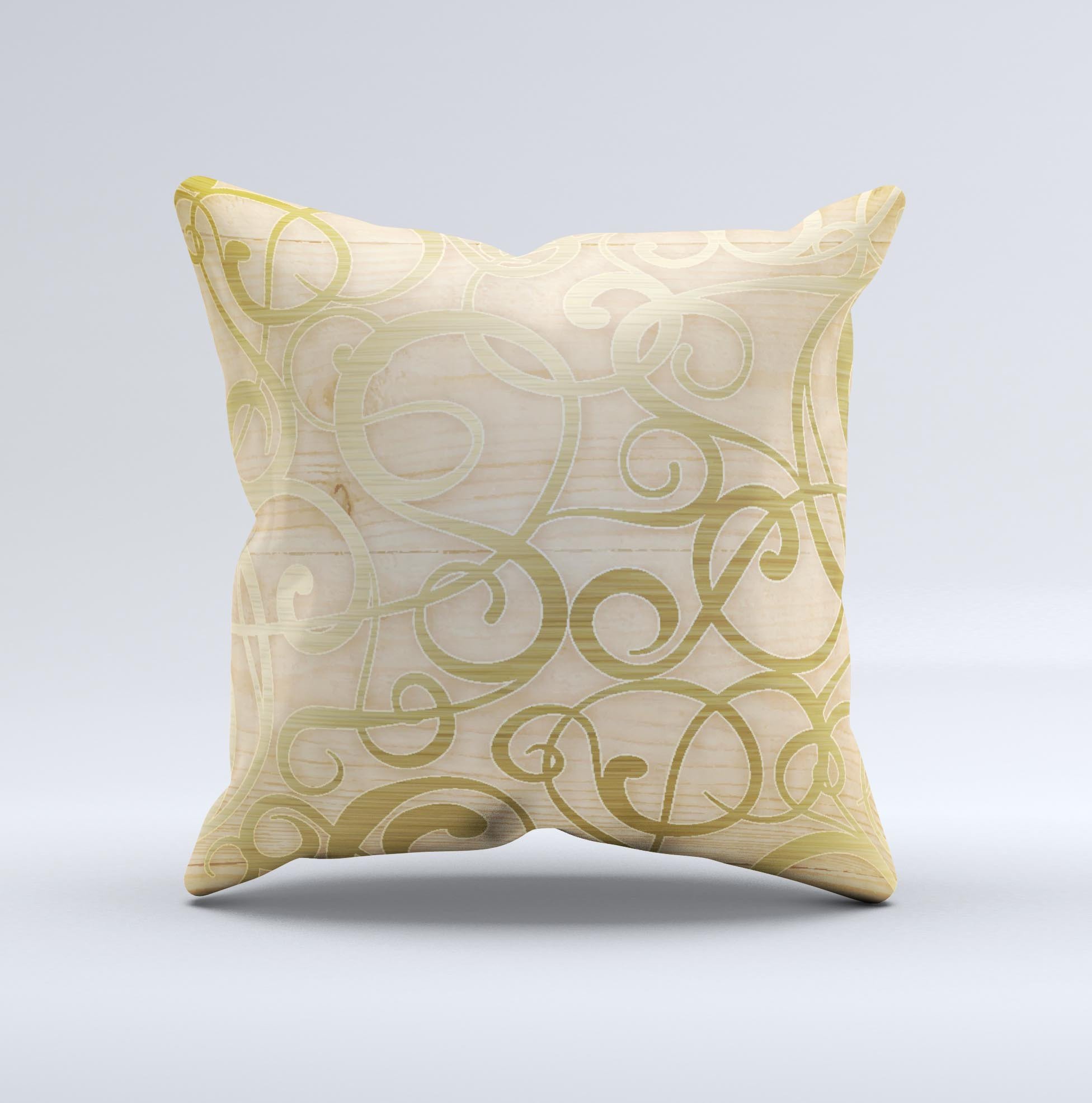 Bright Gold Spiral Wood Pattern decorative throw pillow with intricate design, handcrafted in Virginia, showcasing unique textures and colors.