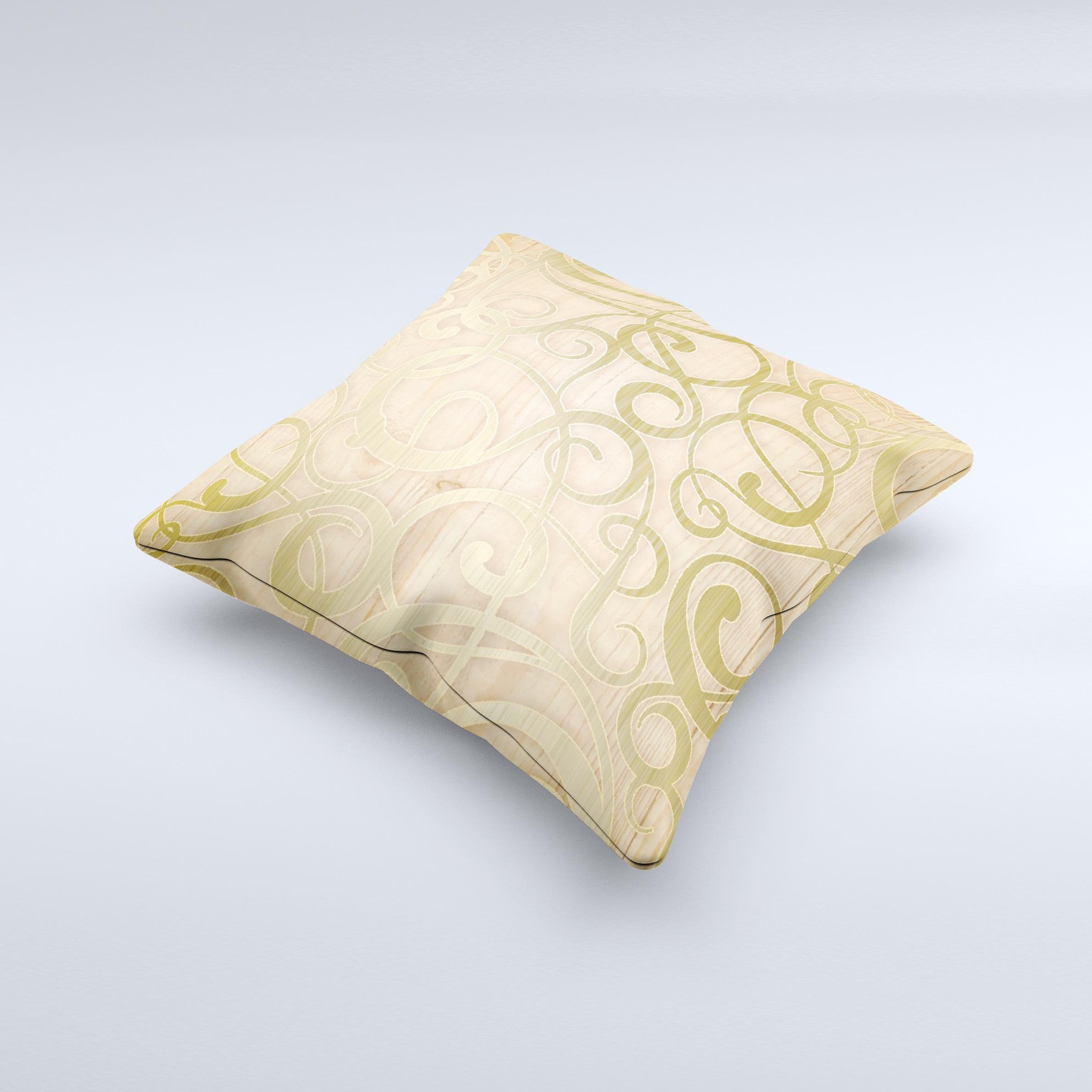 Bright Gold Spiral Wood Pattern decorative throw pillow with intricate design, handcrafted in Virginia, showcasing unique textures and colors.