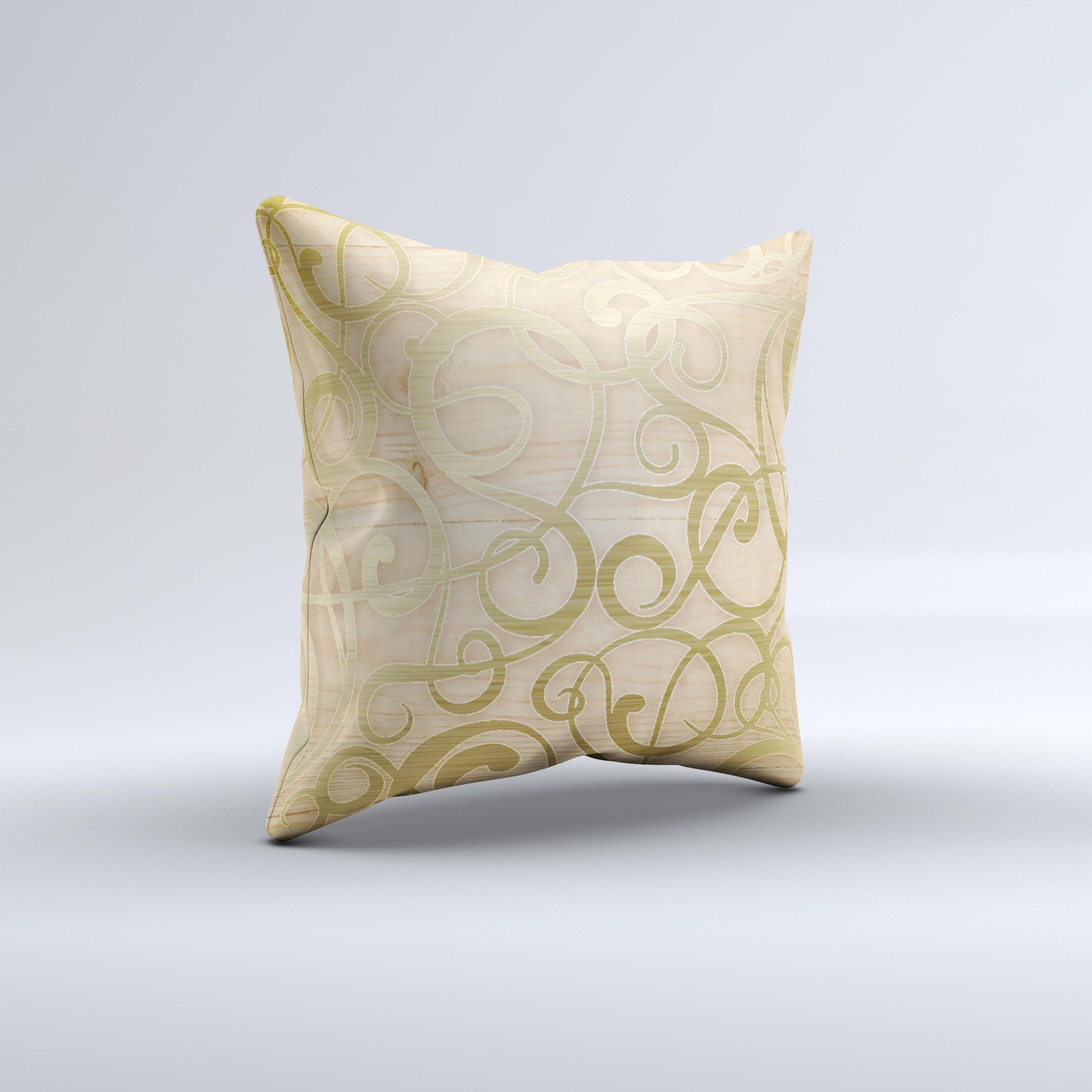 Bright Gold Spiral Wood Pattern decorative throw pillow with intricate design, handcrafted in Virginia, showcasing unique textures and colors.