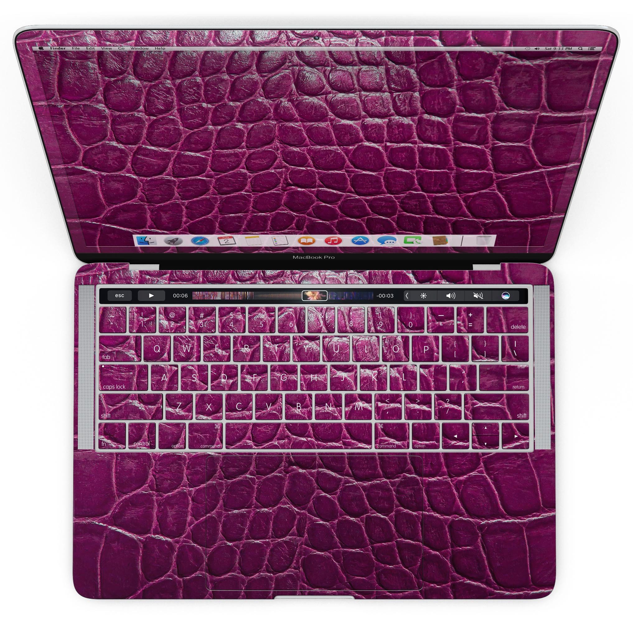Bright magenta alligator skin MacBook Pro skin kit showcasing vibrant color and texture.