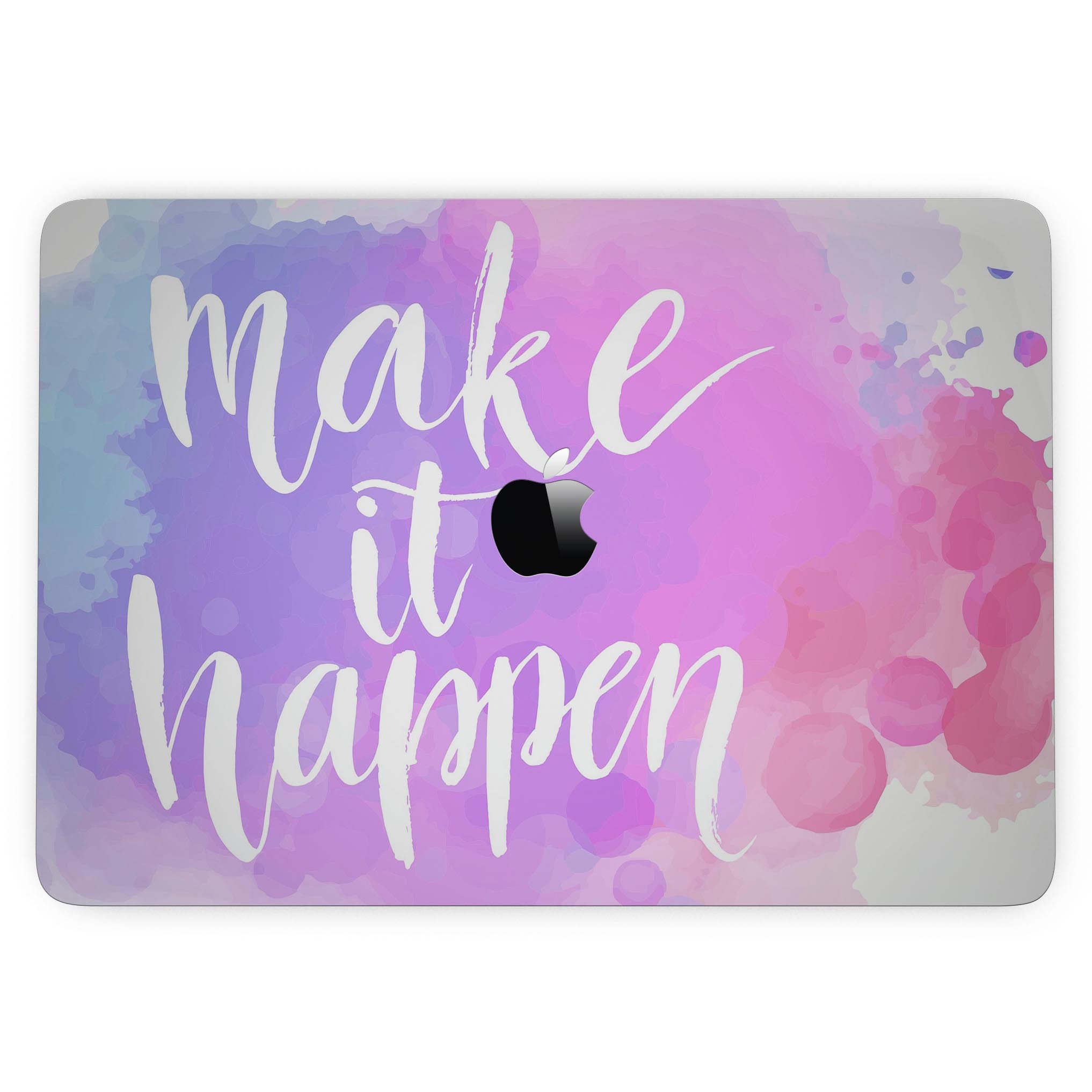 Bright Make it Happen skin kit for 13" MacBook Pro without Touch Bar, showcasing glossy and matte finishes.