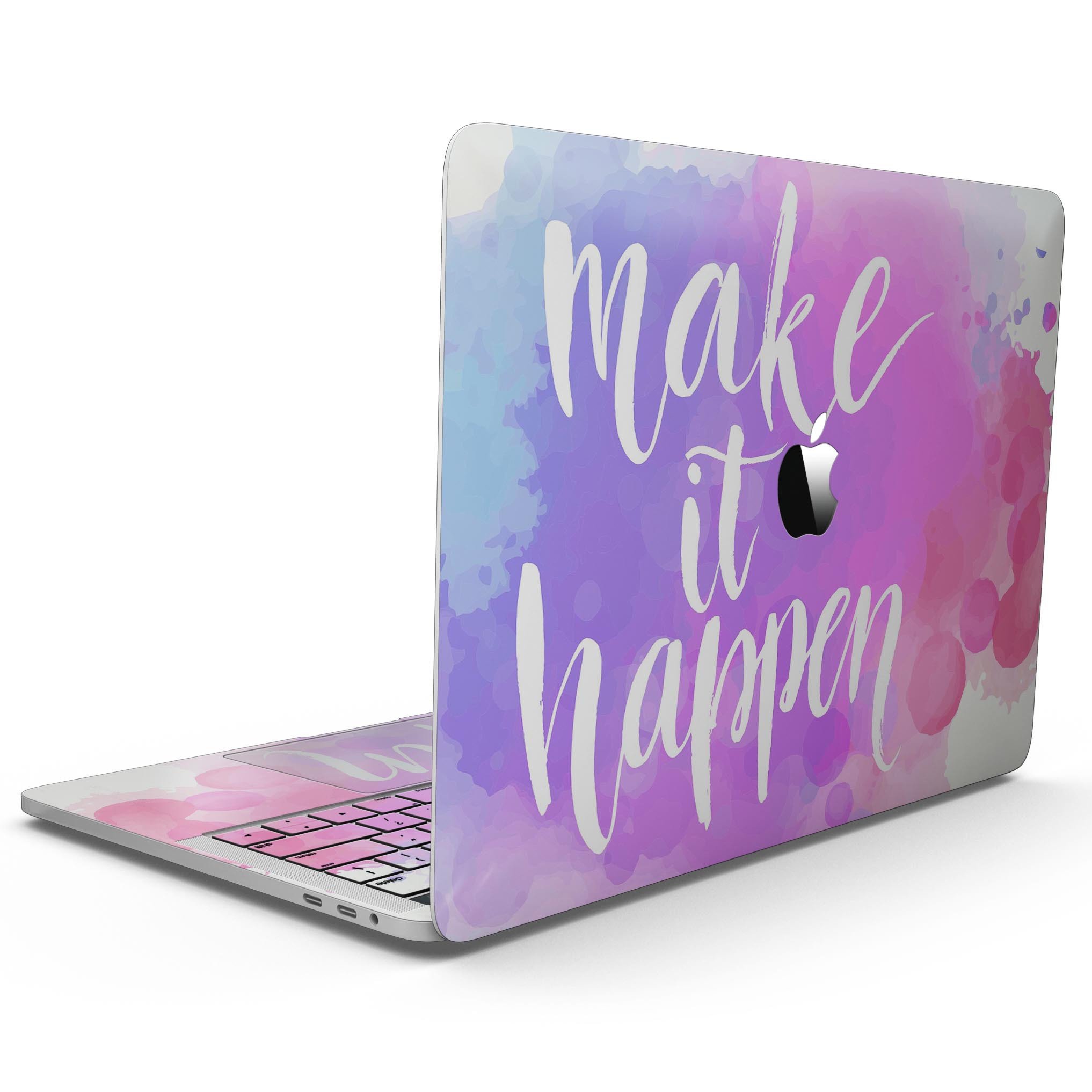 Bright Make it Happen MacBook Pro skin kit featuring a stylish design, available in gloss or matte finishes, protecting the device from scratches.
