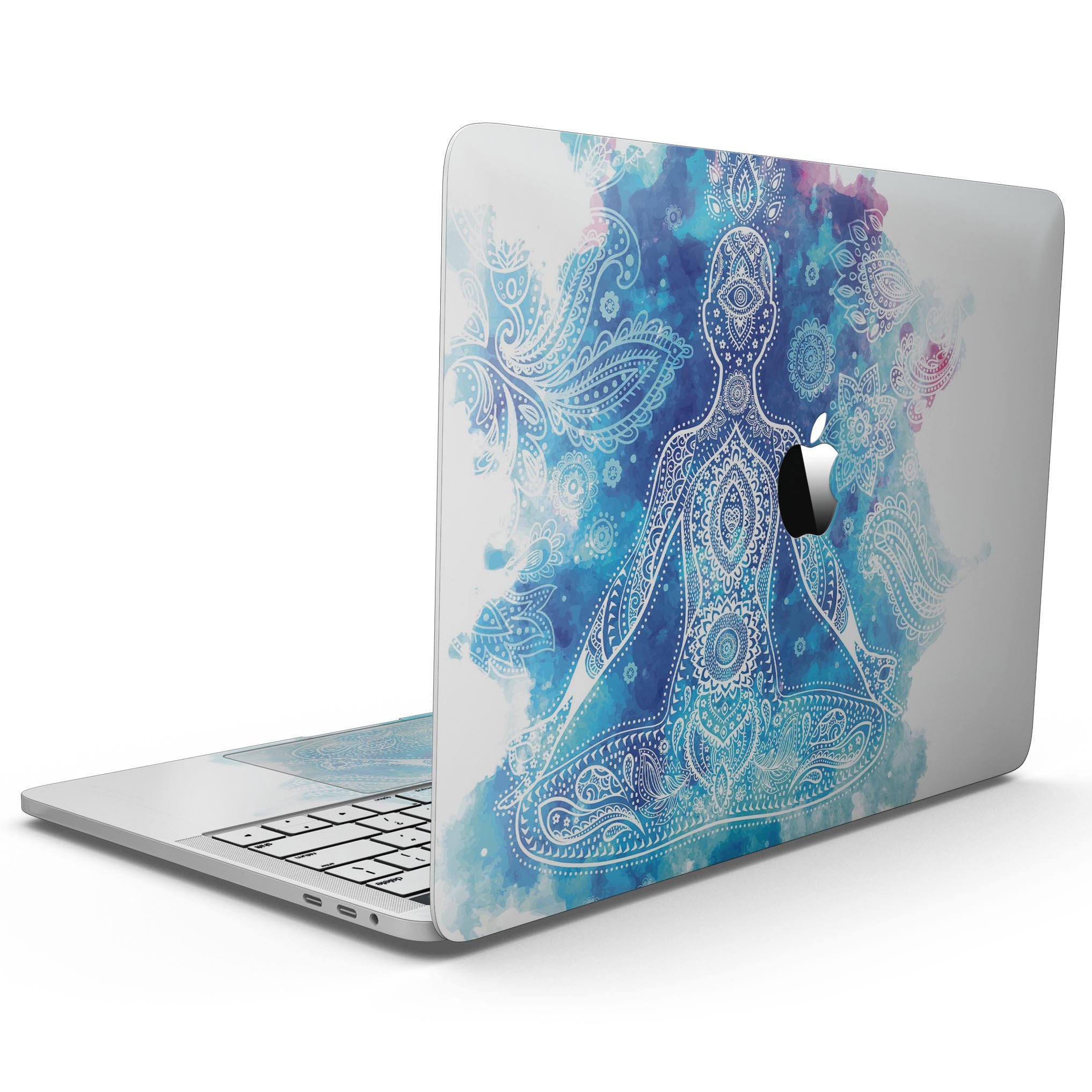 Bright Oil Yoga Mood skin kit for 13" MacBook Pro without Touch Bar, showcasing vibrant design and premium vinyl material.