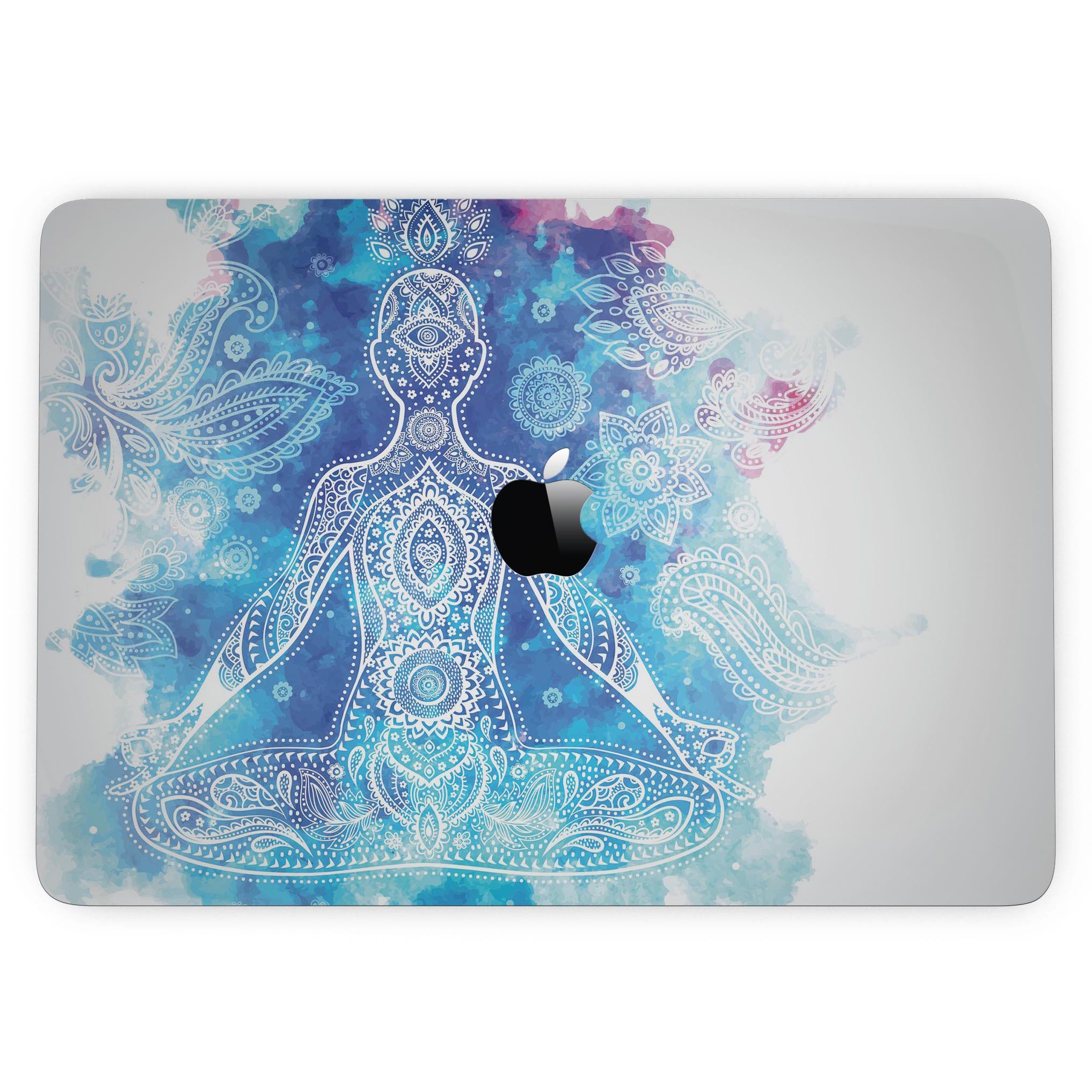 Bright Oil Yoga Mood skin kit for 13" MacBook Pro without Touch Bar, showcasing vibrant design and premium vinyl material.