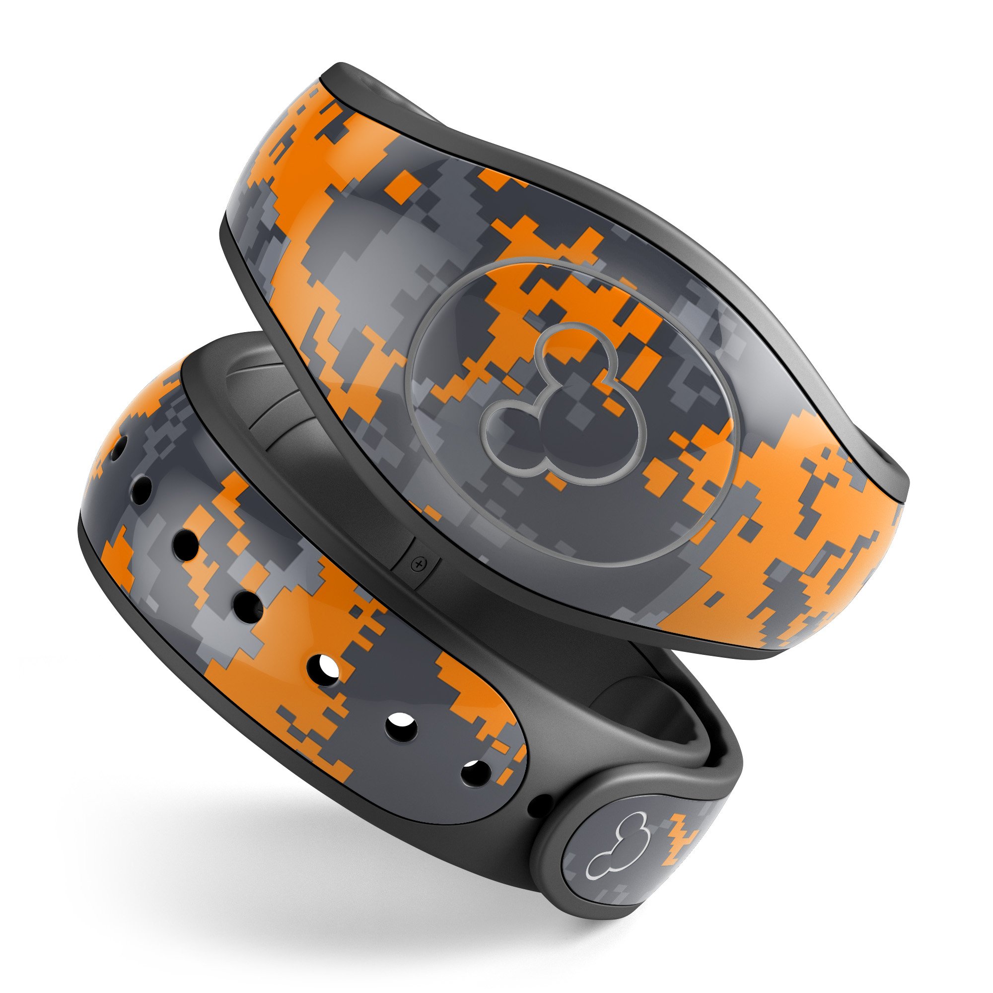 Bright Orange and Gray Digital Camouflage decal skin wrap kit for Disney Magic Band, showcasing vibrant colors and unique design.