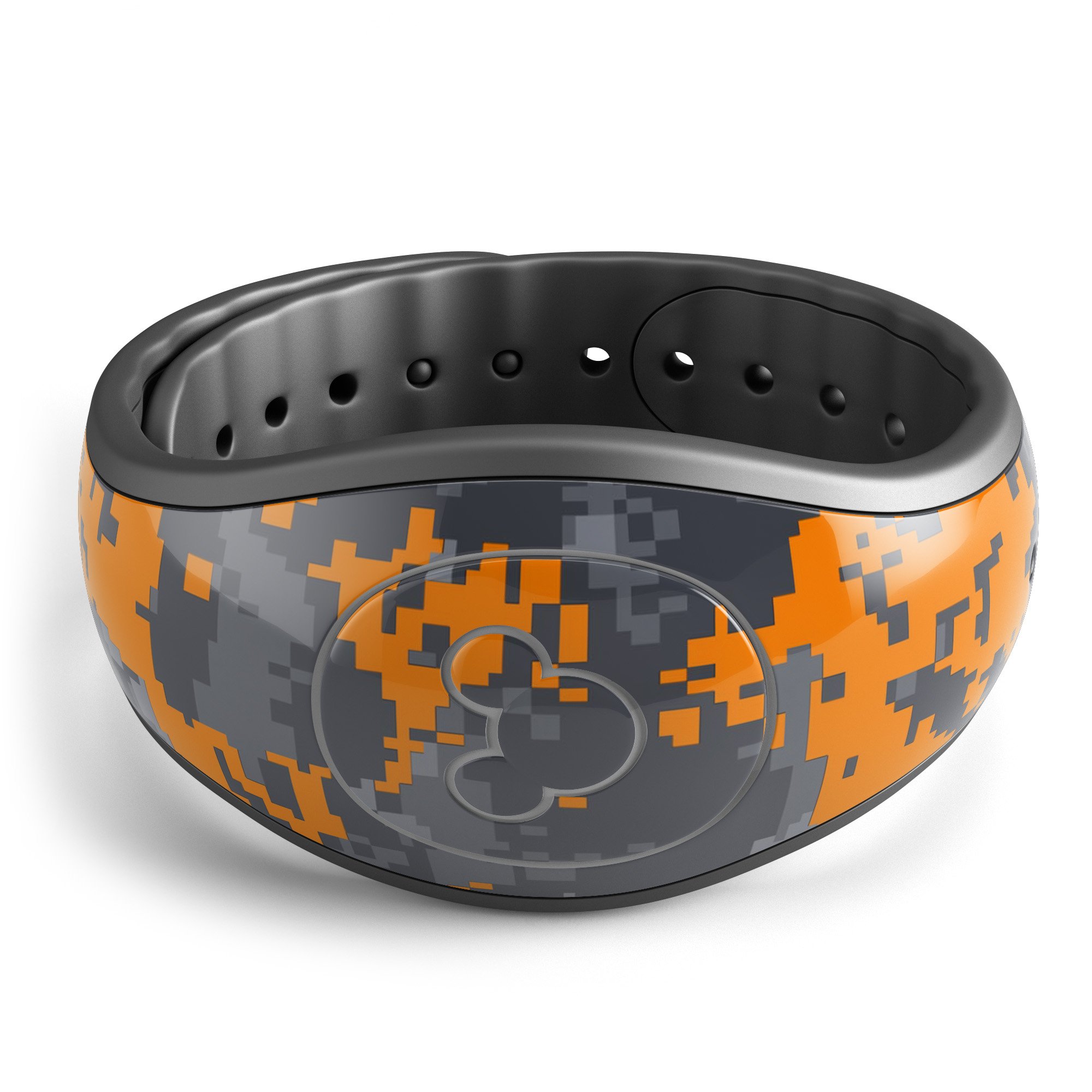 Bright Orange and Gray Digital Camouflage decal skin wrap kit for Disney Magic Band, showcasing vibrant colors and unique design.