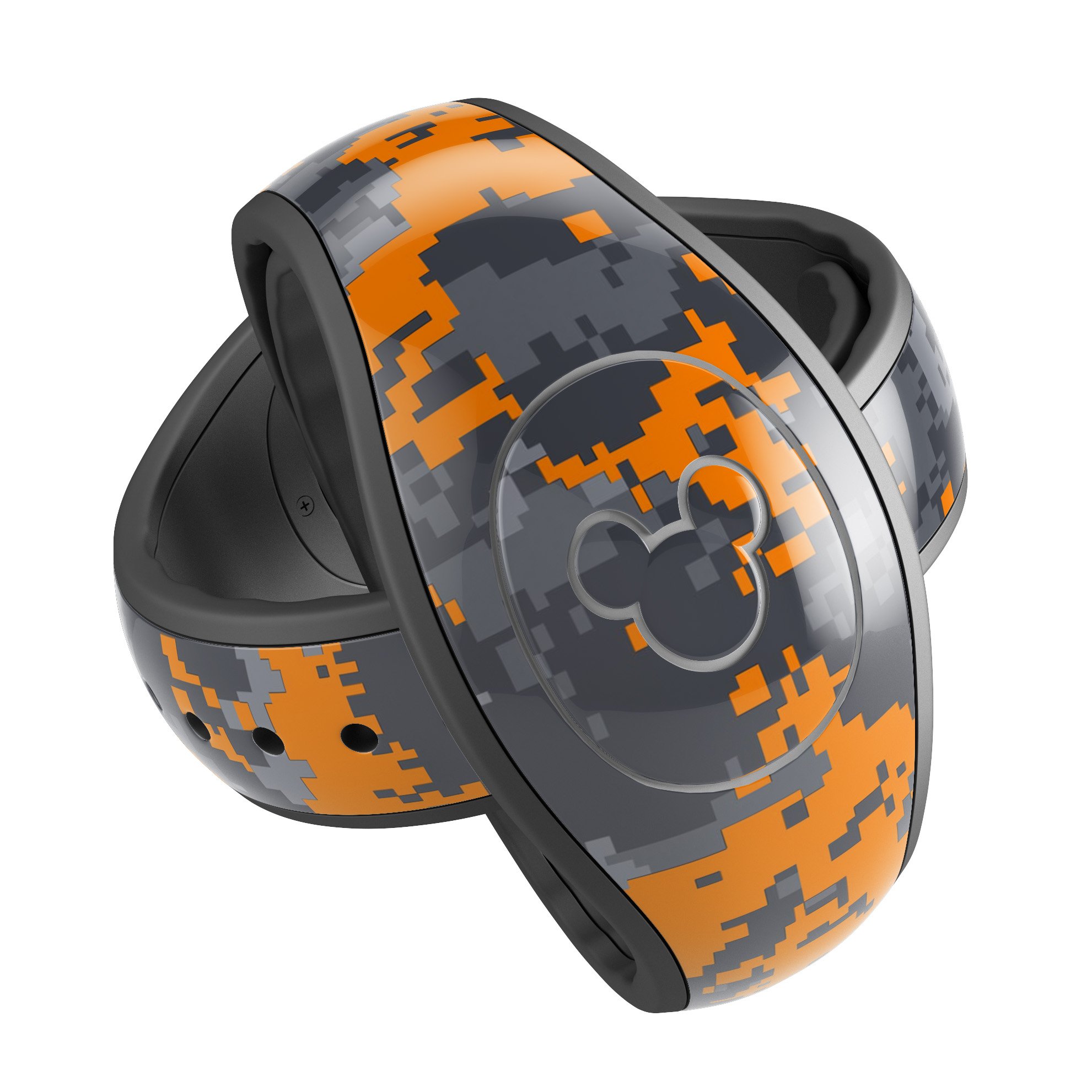 Bright Orange and Gray Digital Camouflage decal skin wrap kit for Disney Magic Band, showcasing vibrant colors and unique design.