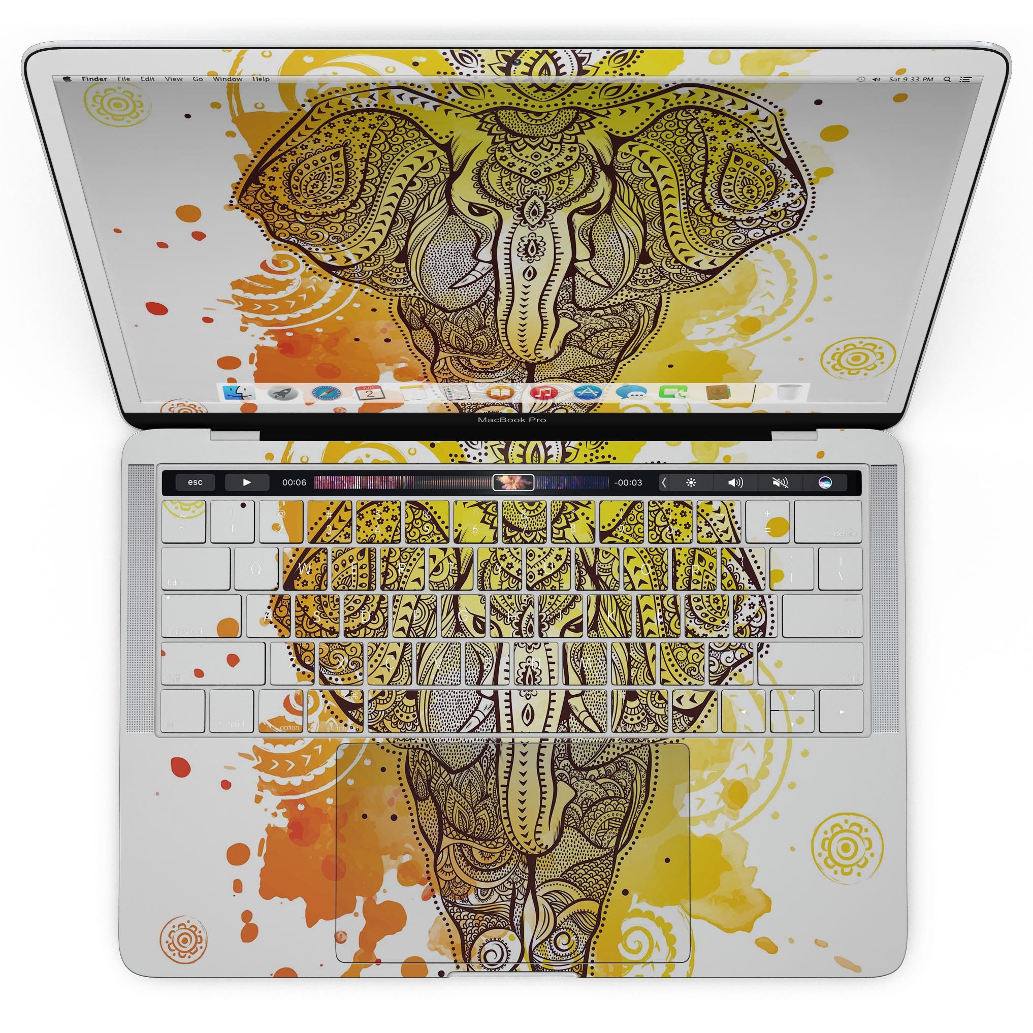Bright Orange Ethnic Elephant skin kit for MacBook Pro, showcasing vibrant colors and intricate design, perfect for personalizing your device.