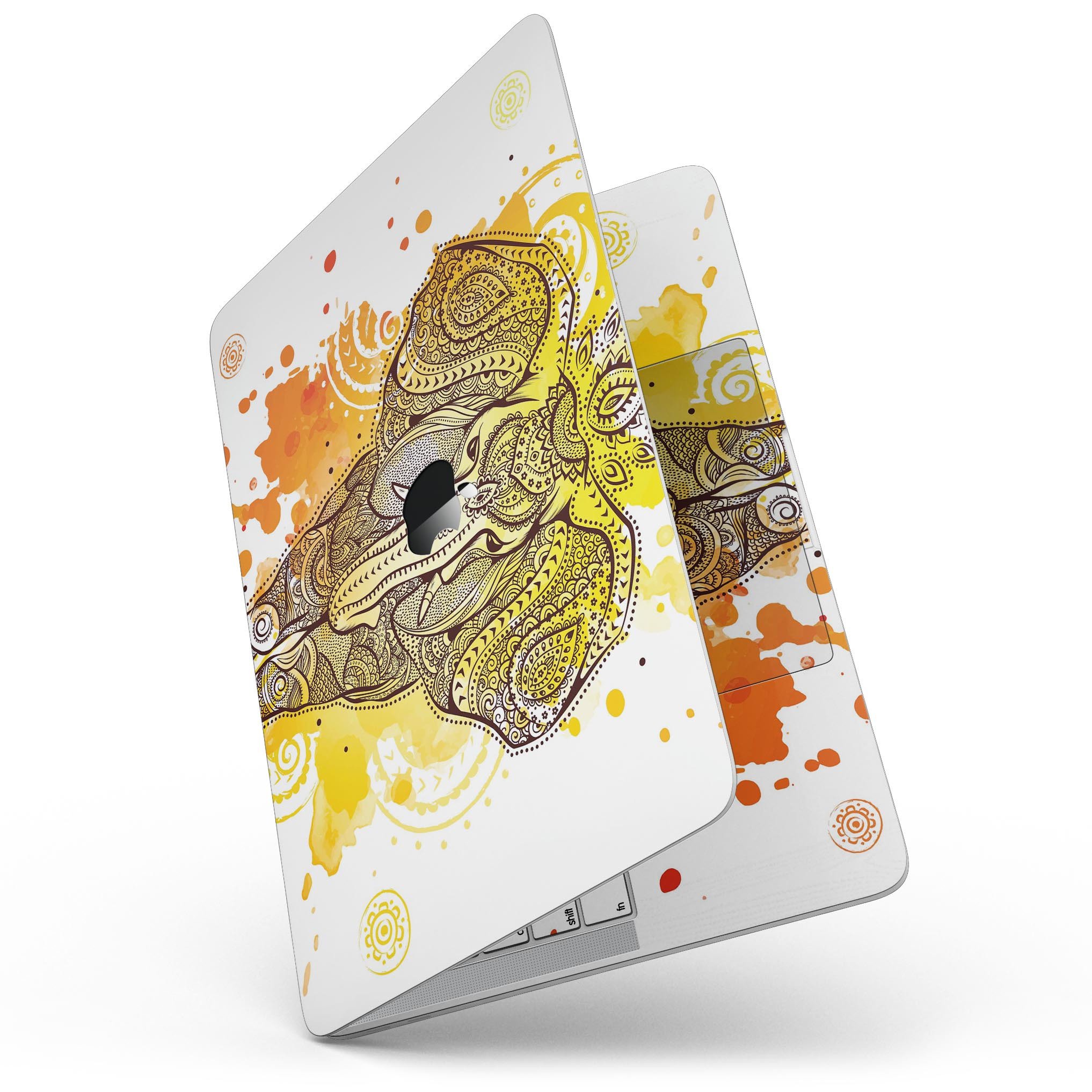 Bright Orange Ethnic Elephant skin kit for MacBook Pro, showcasing vibrant colors and intricate design, perfect for personalizing your device.