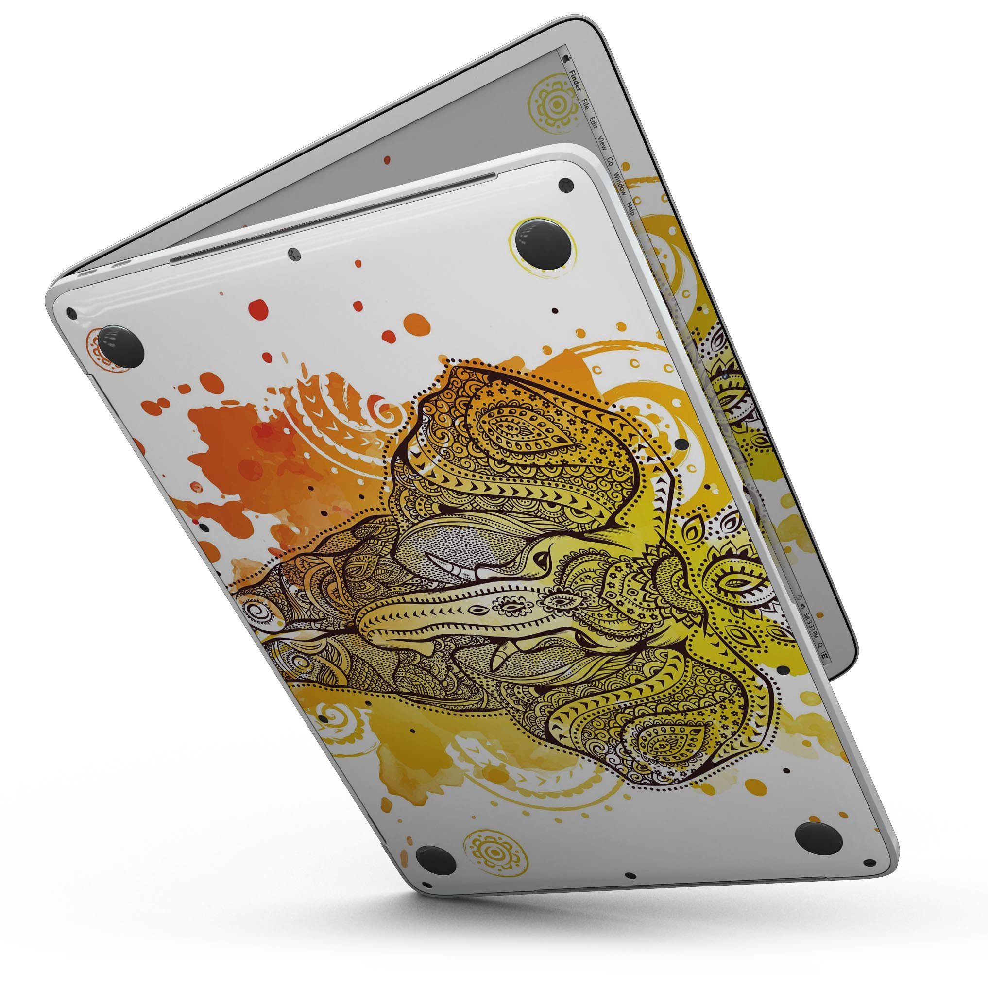 Bright Orange Ethnic Elephant skin kit for MacBook Pro, showcasing vibrant colors and intricate design, perfect for personalizing your device.