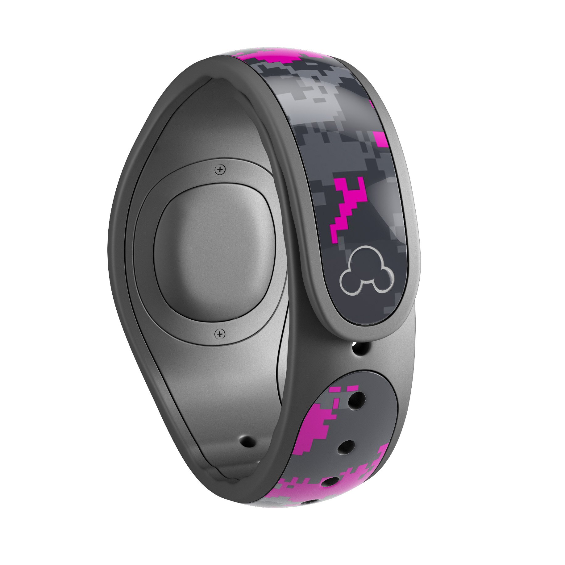Bright Pink and Gray Digital Camouflage decal skin wrap kit for Disney Magic Band, showcasing vibrant colors and unique camouflage pattern.
