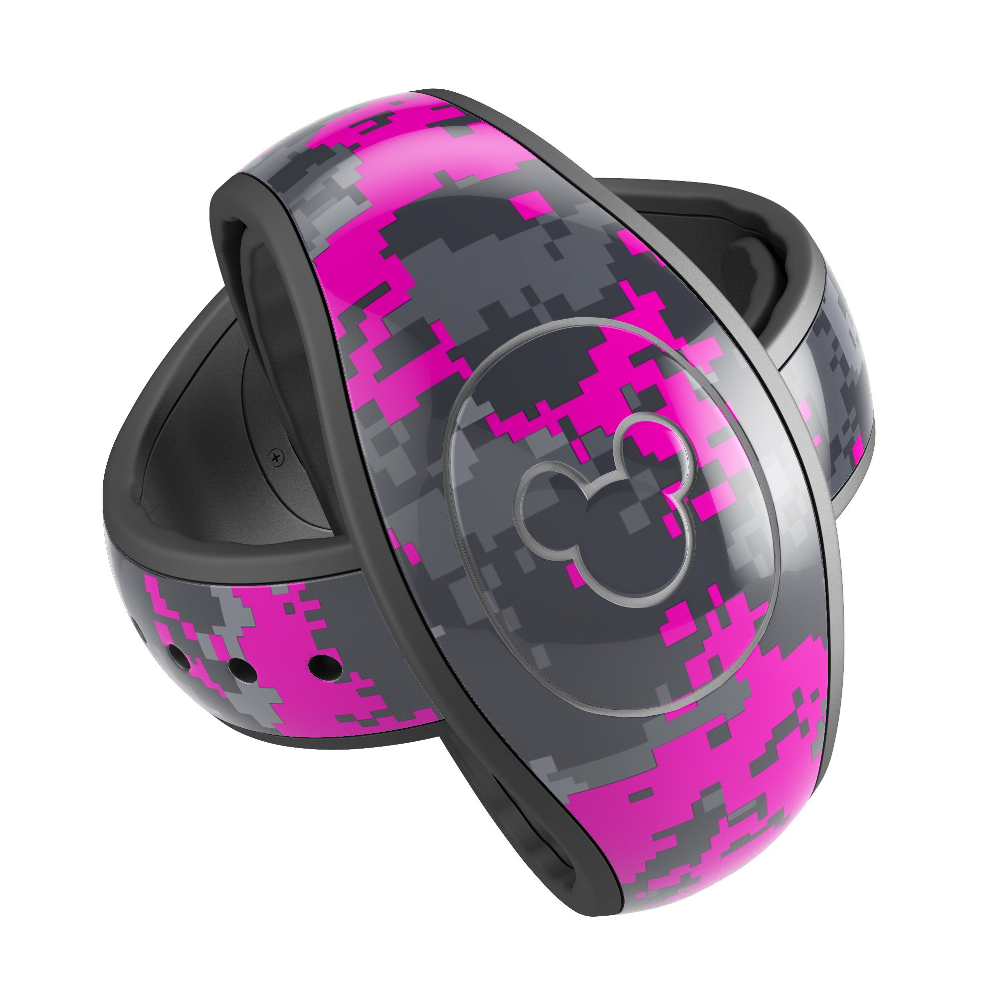 Bright Pink and Gray Digital Camouflage decal skin wrap kit for Disney Magic Band, showcasing vibrant colors and unique camouflage pattern.