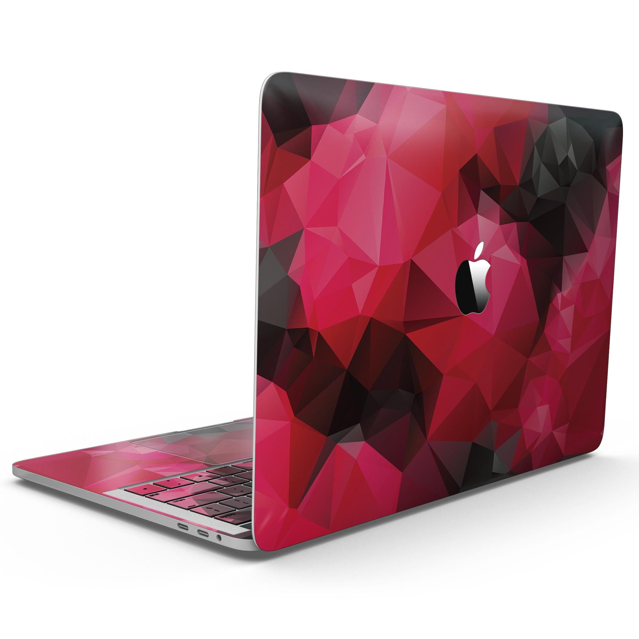 Bright Pink and Gray Geometric Triangles skin for MacBook Pro with Touch Bar, showcasing vibrant colors and geometric patterns.