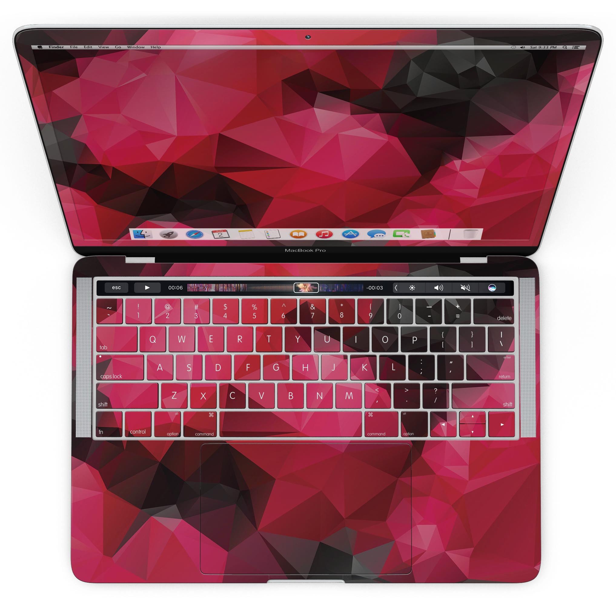 Bright Pink and Gray Geometric Triangles skin for MacBook Pro with Touch Bar, showcasing vibrant colors and geometric patterns.